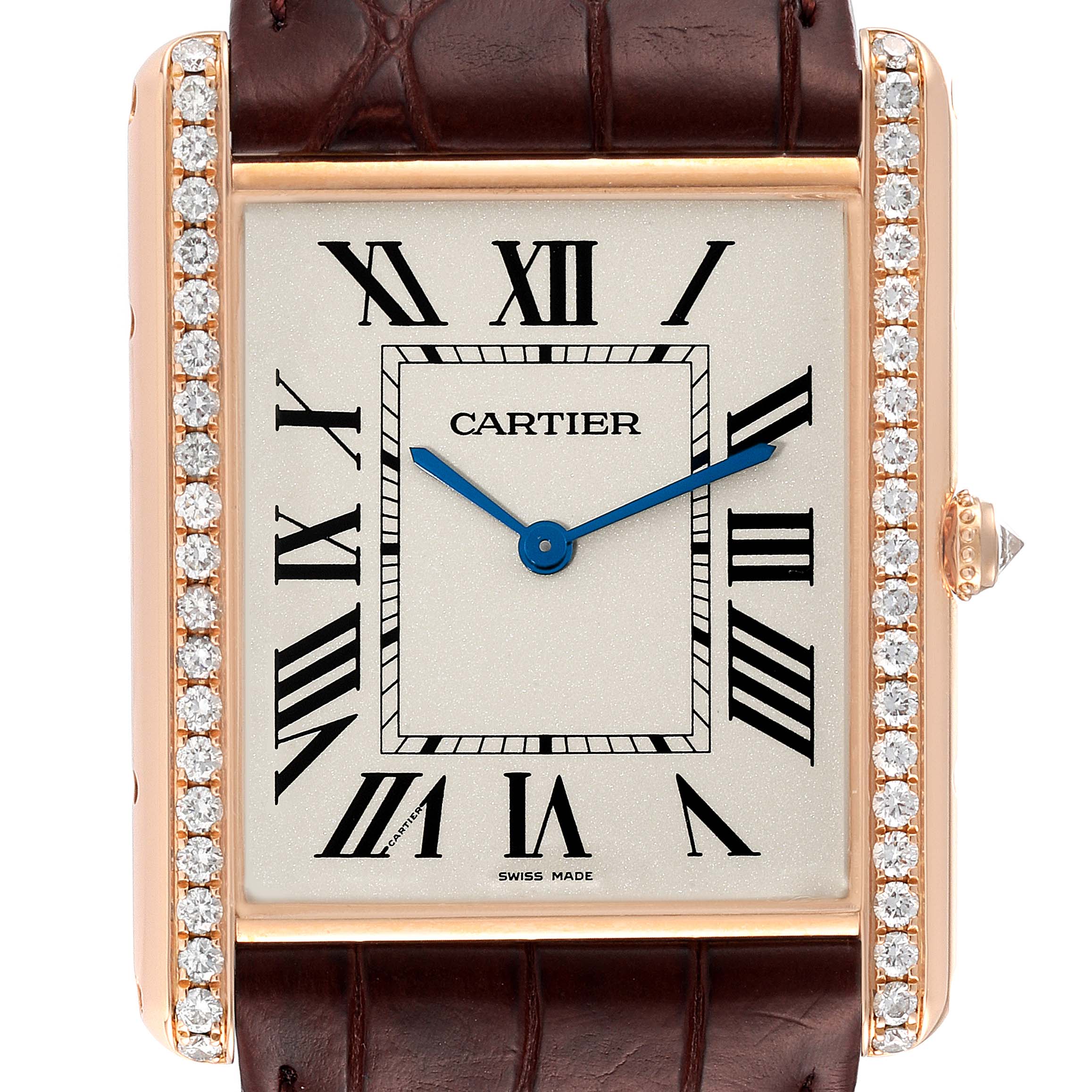 This image shows a close-up of the Cartier Tank Louis WT200005 Men's Rose Gold Silver Dial WT200005 Men's Rose Gold Silver Dial watch, highlighting its face, diamond-studded bezel, and leather strap.