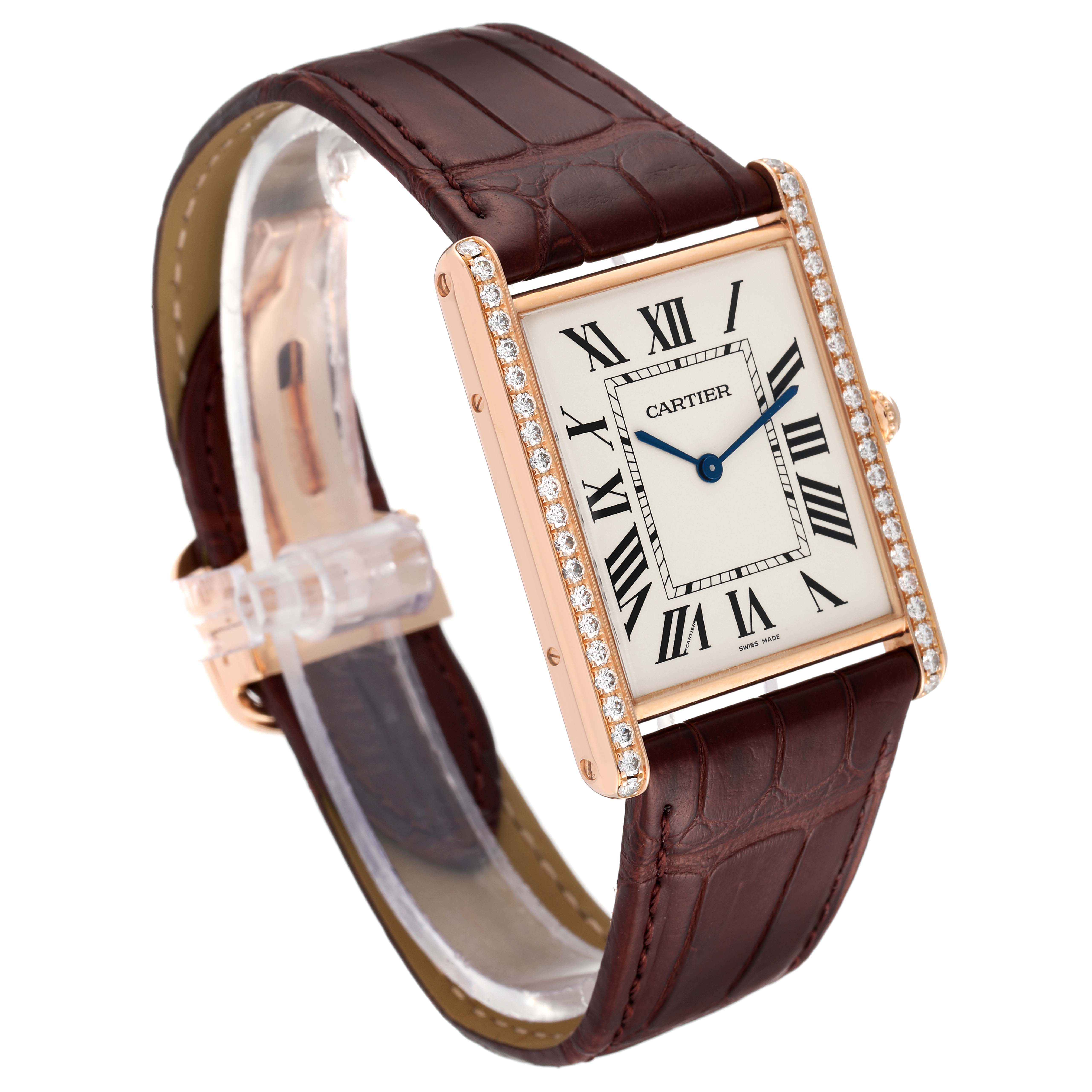 This image shows a Cartier Tank Louis WT200005 Men's Rose Gold Silver Dial WT200005 Men's Rose Gold Silver Dial watch from a three-quarter angle, highlighting its diamond-set bezel and brown leather strap.