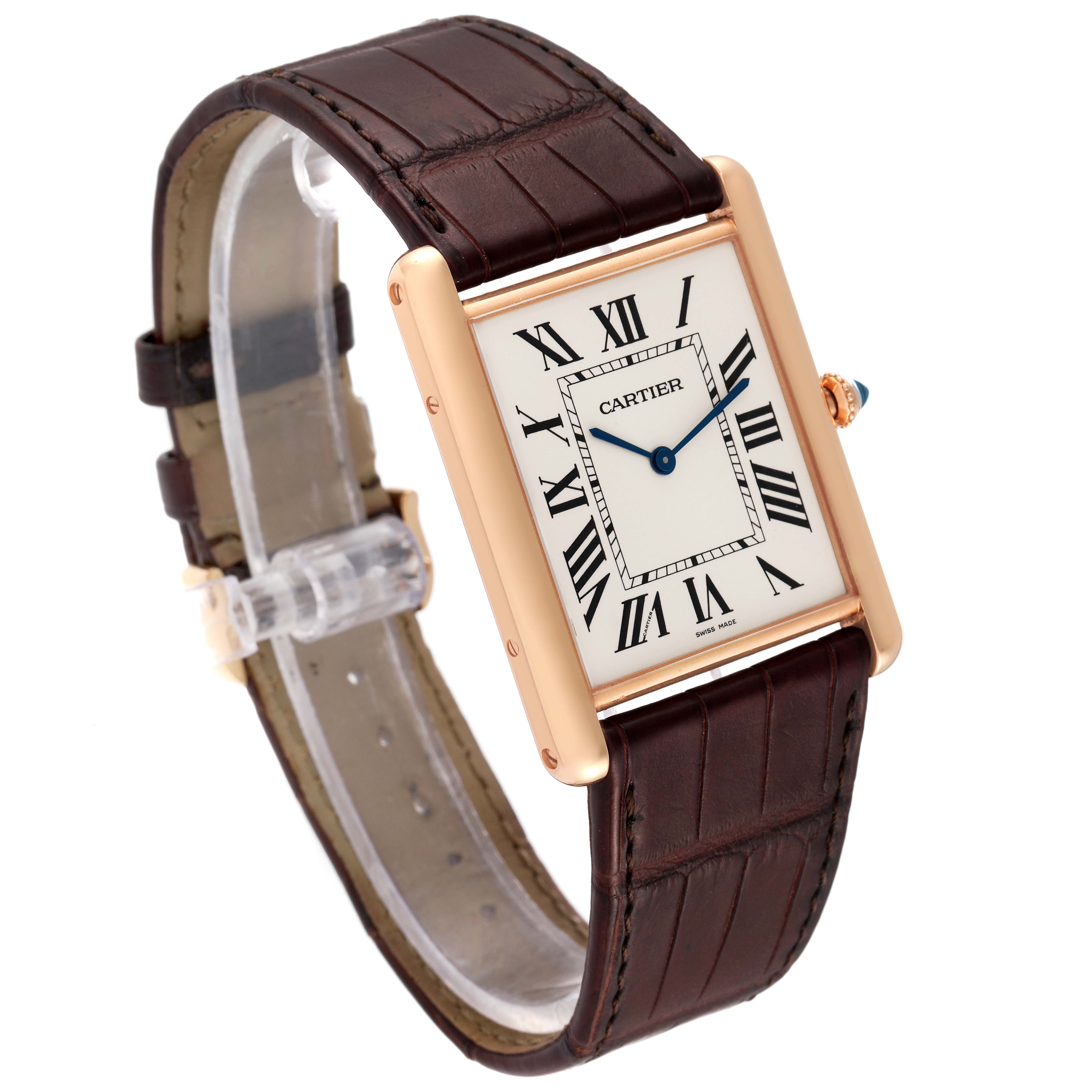 The image shows a Cartier Tank Louis W1560017 Men's Rose Gold Silver Dial W1560017 Men's Rose Gold Silver Dial model watch from an angled side-view, highlighting its face, strap, and crown.