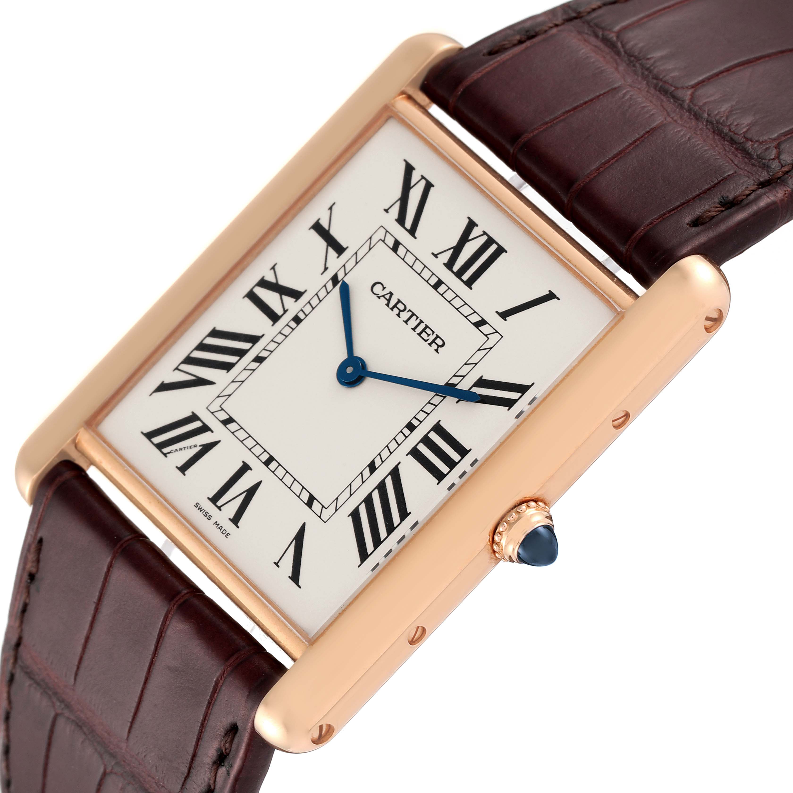The image shows a close-up angled view of the Cartier Tank Louis W1560017 Men's Rose Gold Silver Dial W1560017 Men's Rose Gold Silver Dial watch, highlighting the face, hands, case, and part of the strap.