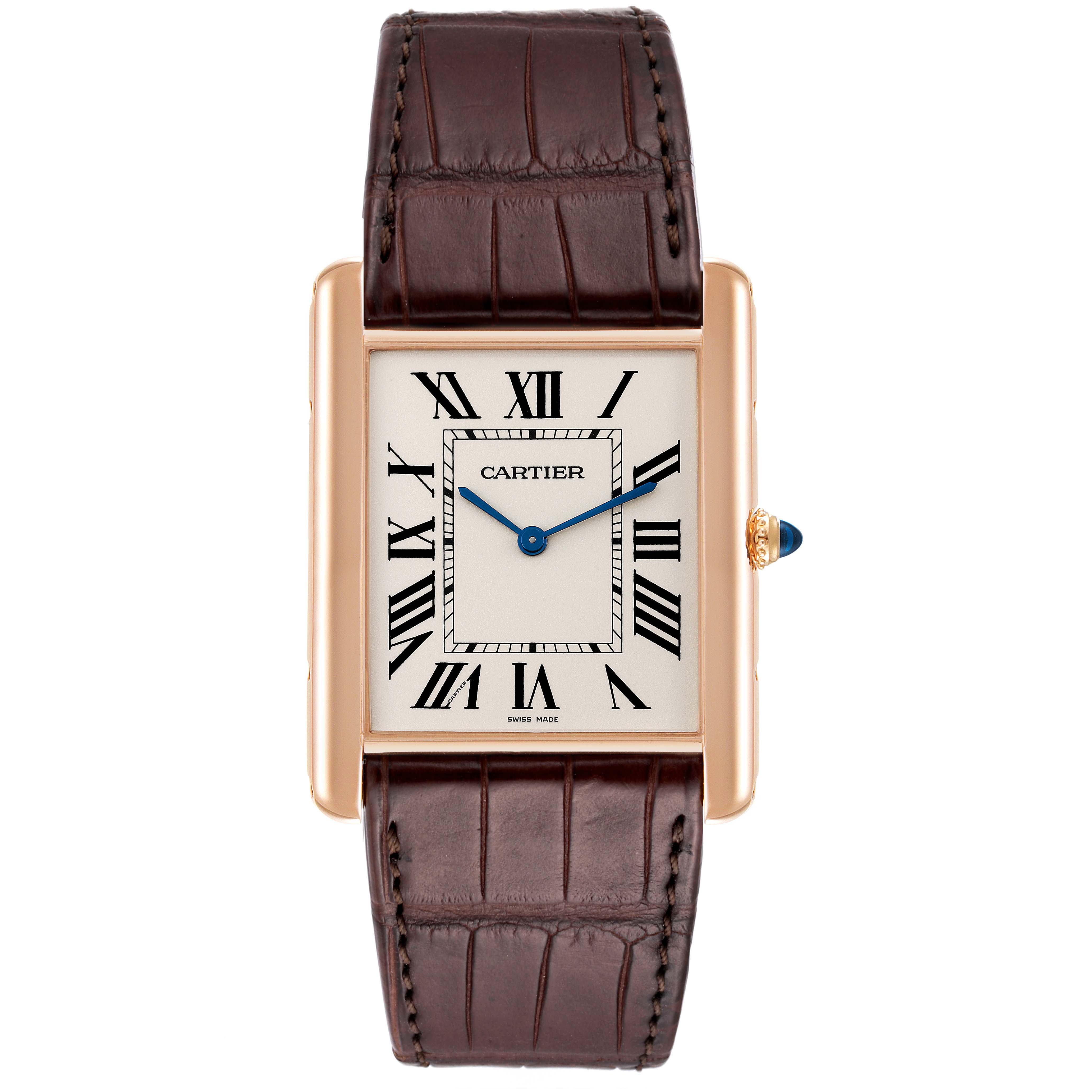 The image shows a top-down view of the Cartier Tank Louis W1560017 Men's Rose Gold Silver Dial W1560017 Men's Rose Gold Silver Dial watch, highlighting its watch face, case, and leather strap.
