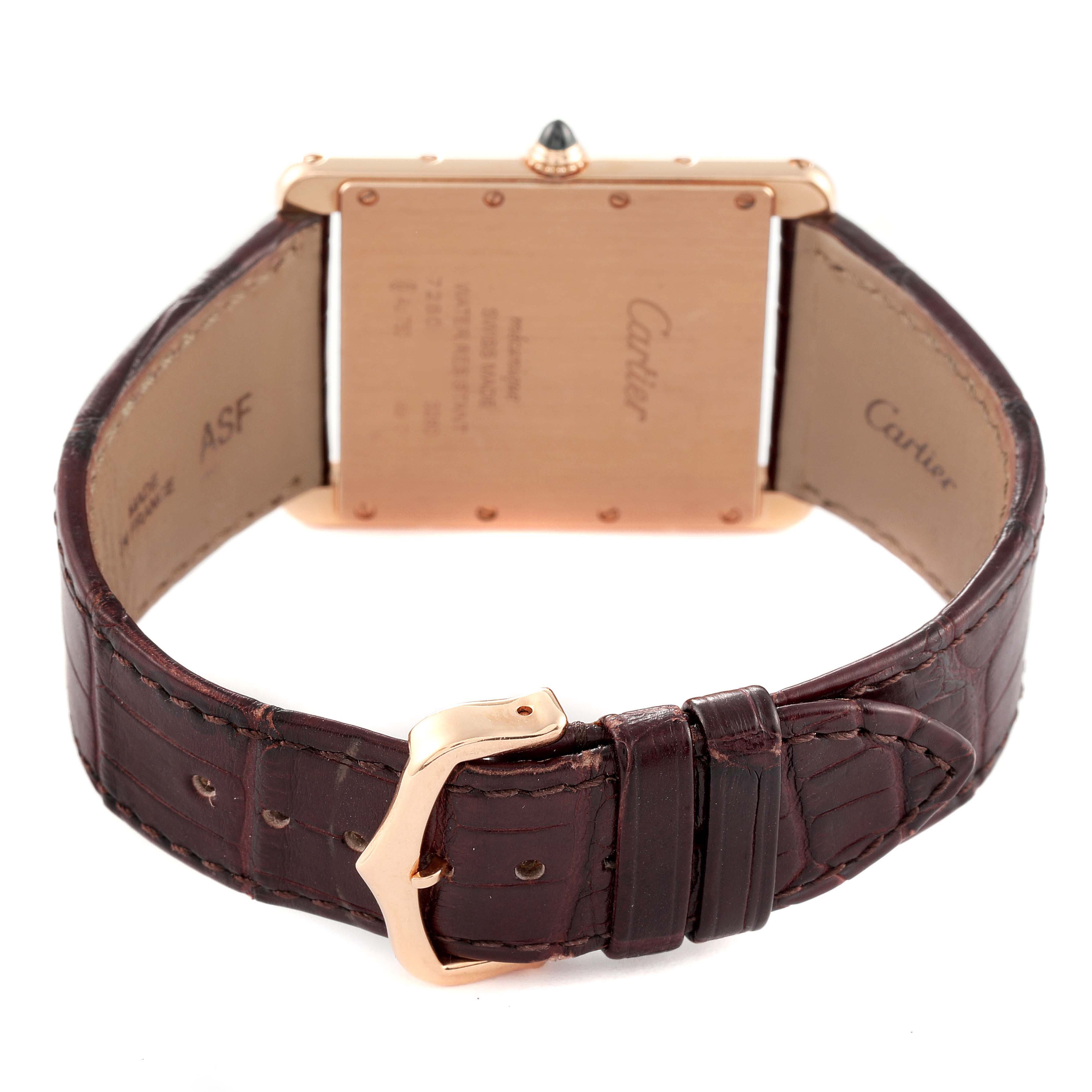 This image shows the back case and leather strap of the Cartier Tank Louis W1560017 Men's Rose Gold Silver Dial W1560017 Men's Rose Gold Silver Dial model watch.