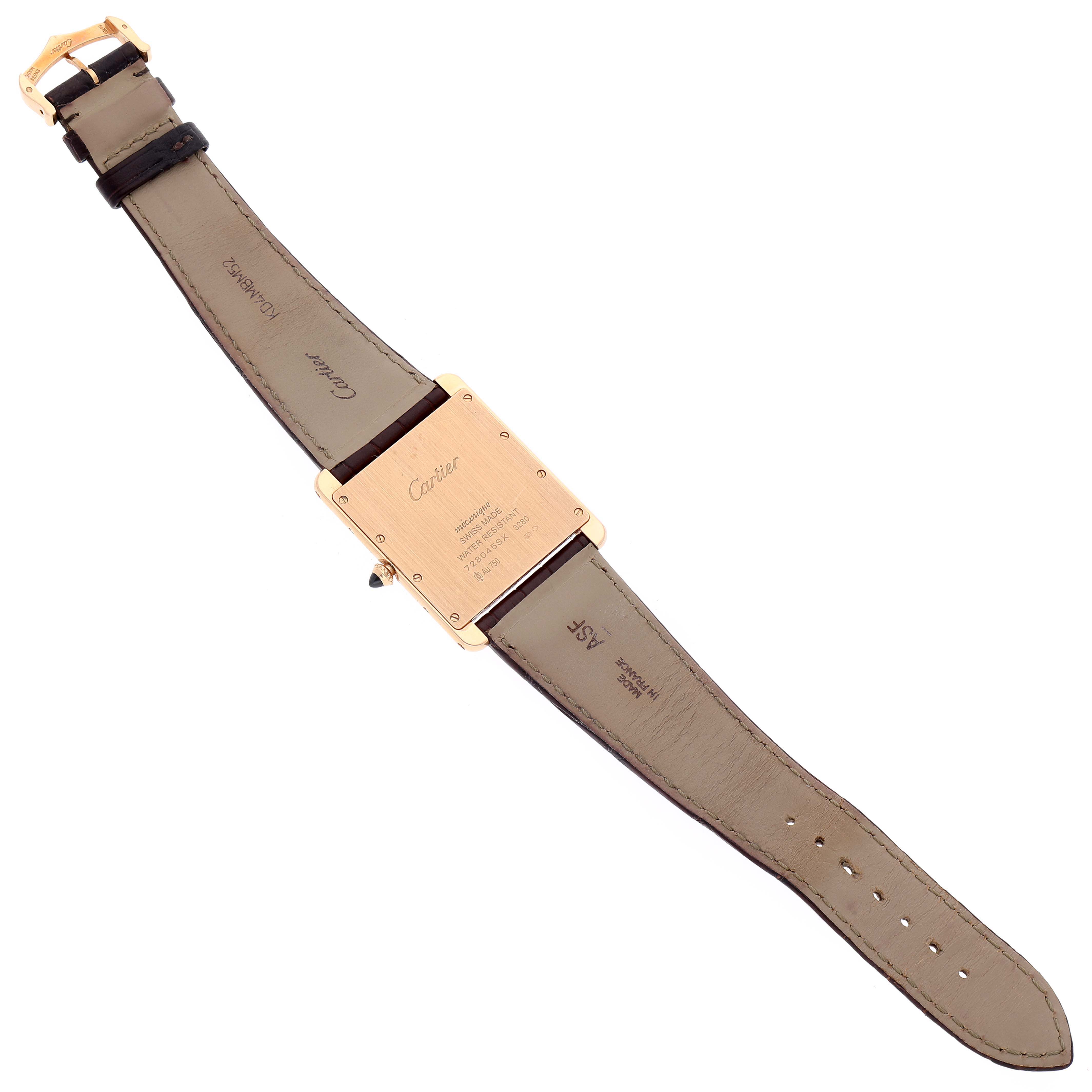 The image shows the back view of a Cartier Tank Louis W1560017 Men's Rose Gold Silver Dial W1560017 Men's Rose Gold Silver Dial watch, displaying its case back, straps, and buckle.