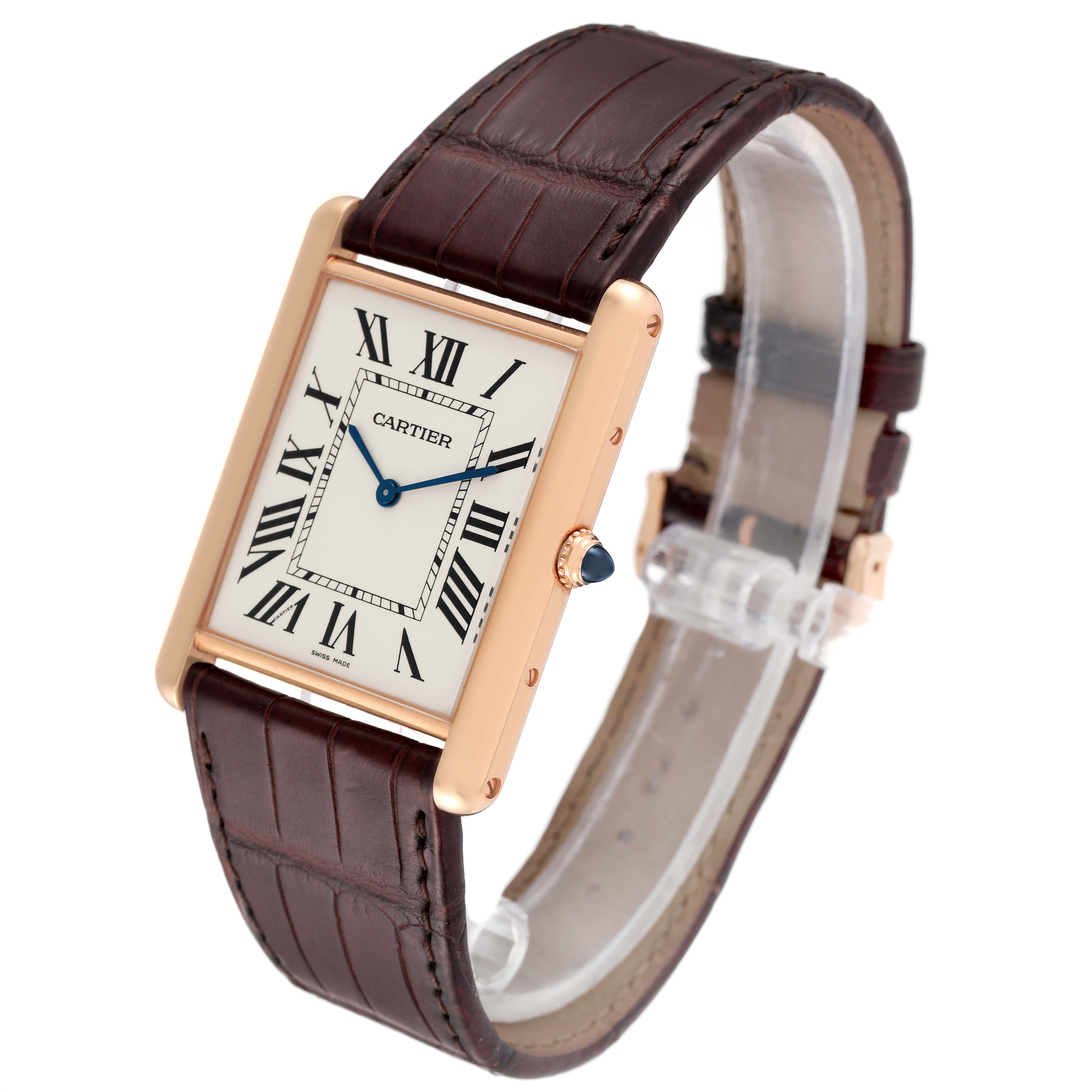 The image displays a Cartier Tank Louis W1560017 Men's Rose Gold Silver Dial W1560017 Men's Rose Gold Silver Dial watch from a front-right angle, featuring its rectangular face, roman numerals, blue hands, and brown leather strap.