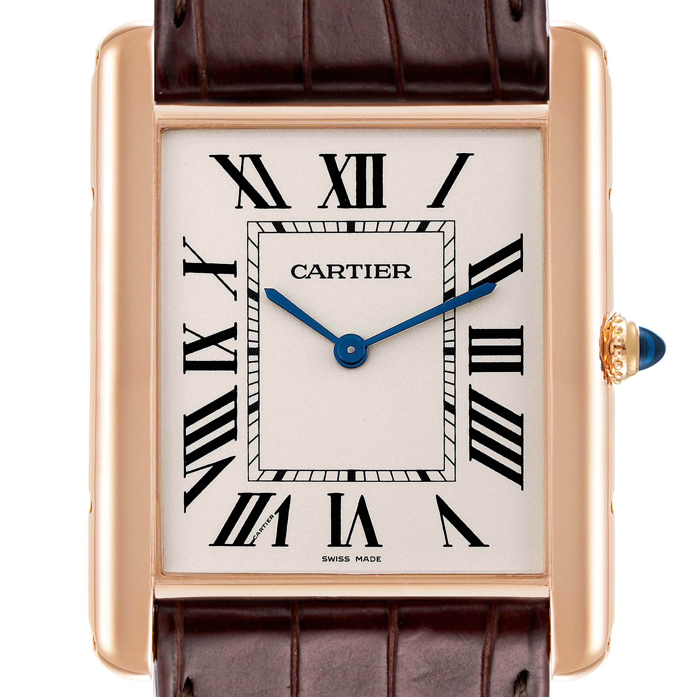 The image shows a front view of the Cartier Tank Louis W1560017 Men's Rose Gold Silver Dial W1560017 Men's Rose Gold Silver Dial watch, highlighting the dial, hands, and partial leather strap.