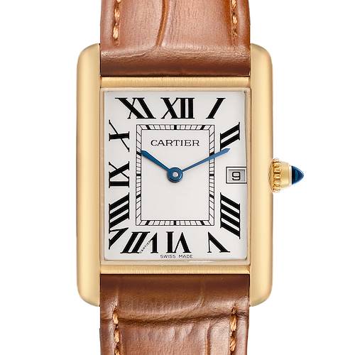 The Cartier Tank Louis W1529756 Men's Yellow Gold Silver Dial watch is shown from the front, displaying its face, Roman numerals, and leather strap.