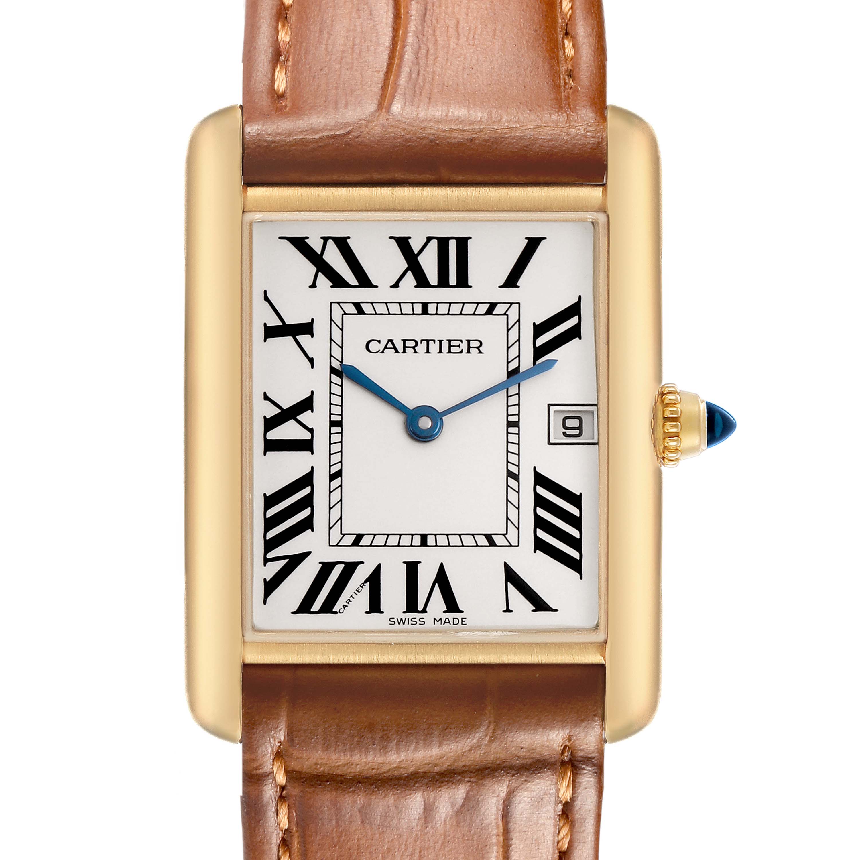 The Cartier Tank Louis W1529756 Men's Yellow Gold Silver Dial watch is shown from the front, highlighting the dial, numerals, hands, and a leather strap.