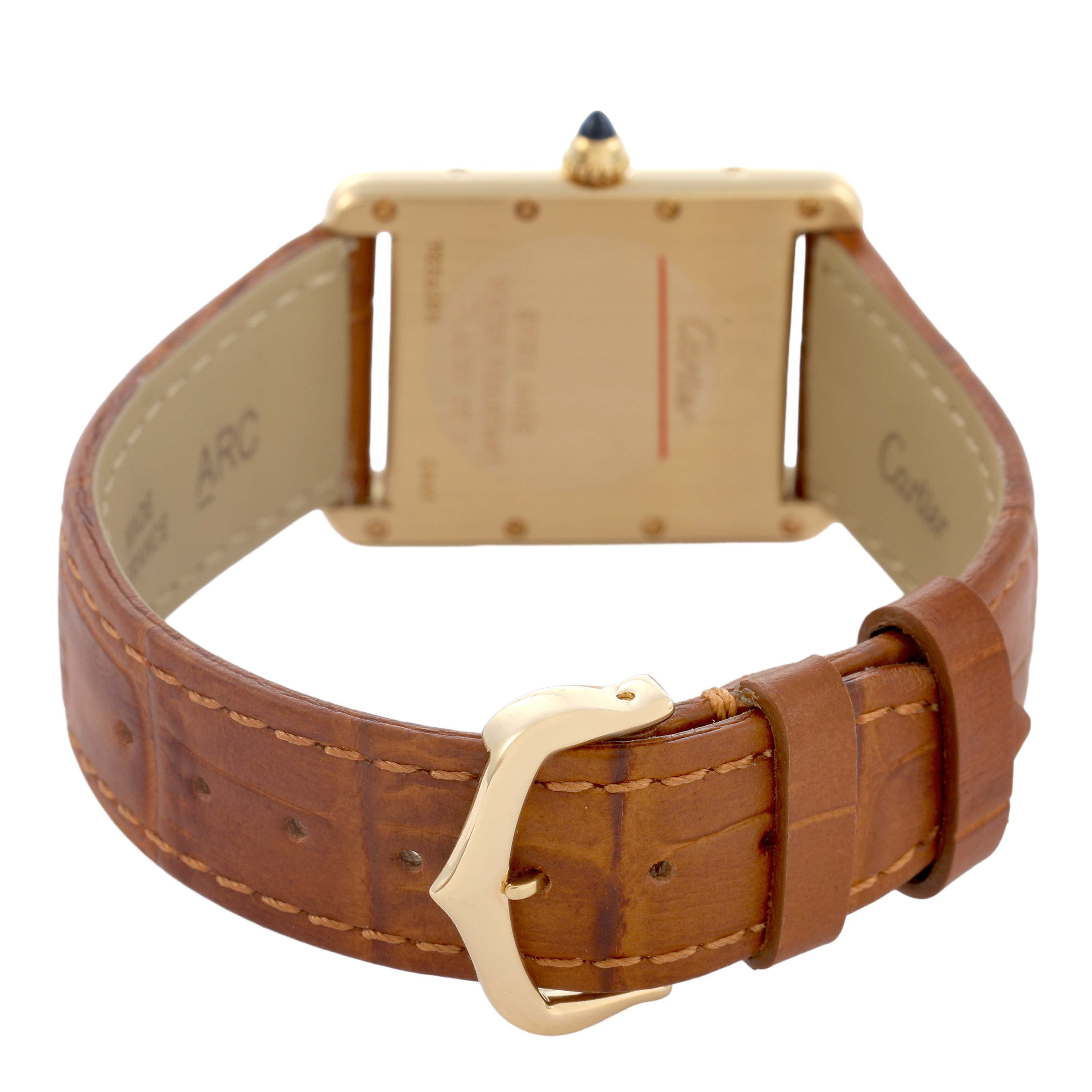 The image shows the back view of a Cartier Tank Louis W1529756 Men's Yellow Gold Silver Dial watch, highlighting the caseback, strap, and buckle.