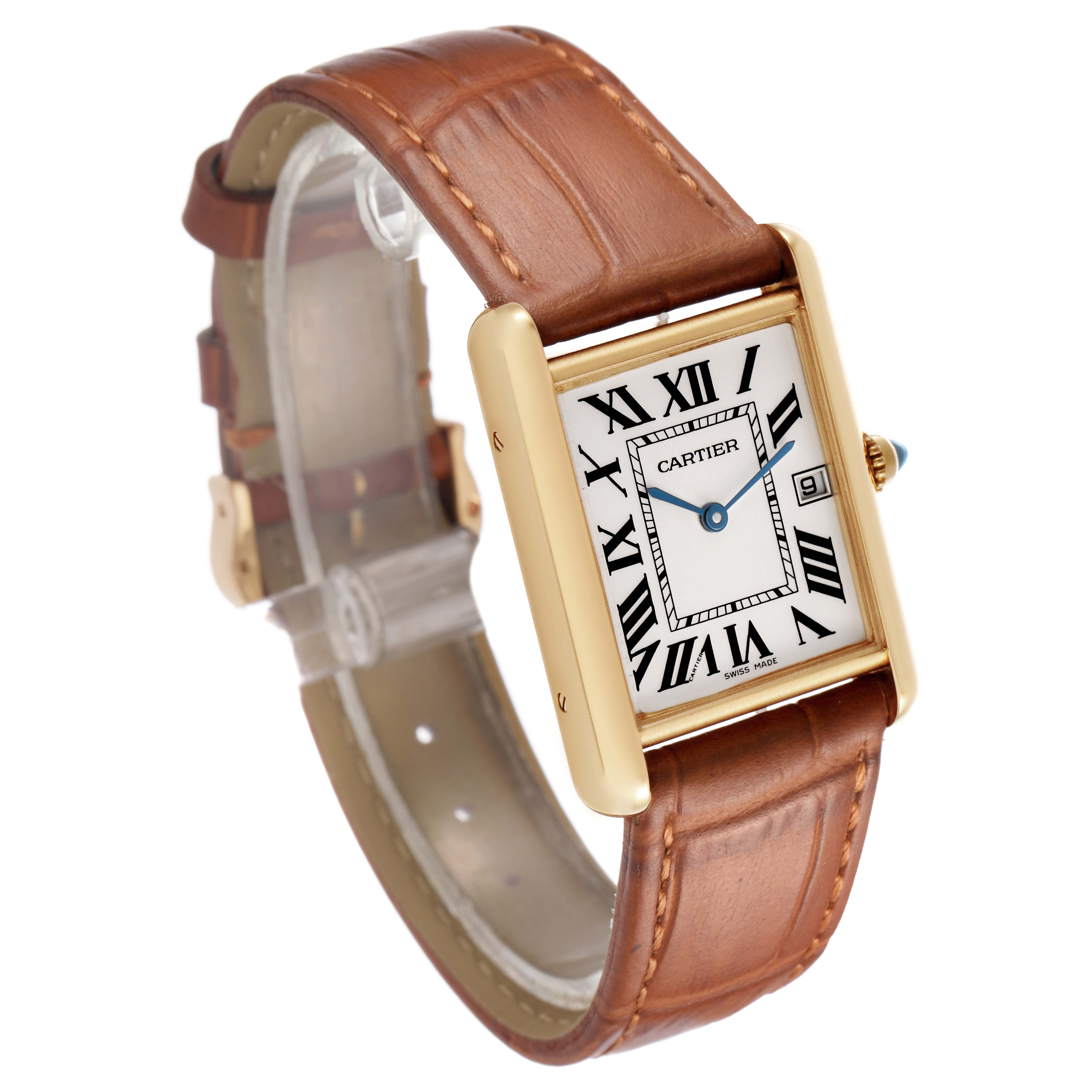 The Cartier Tank Louis W1529756 Men's Yellow Gold Silver Dial watch is shown at an angle displaying the face, case, crown, and leather strap.