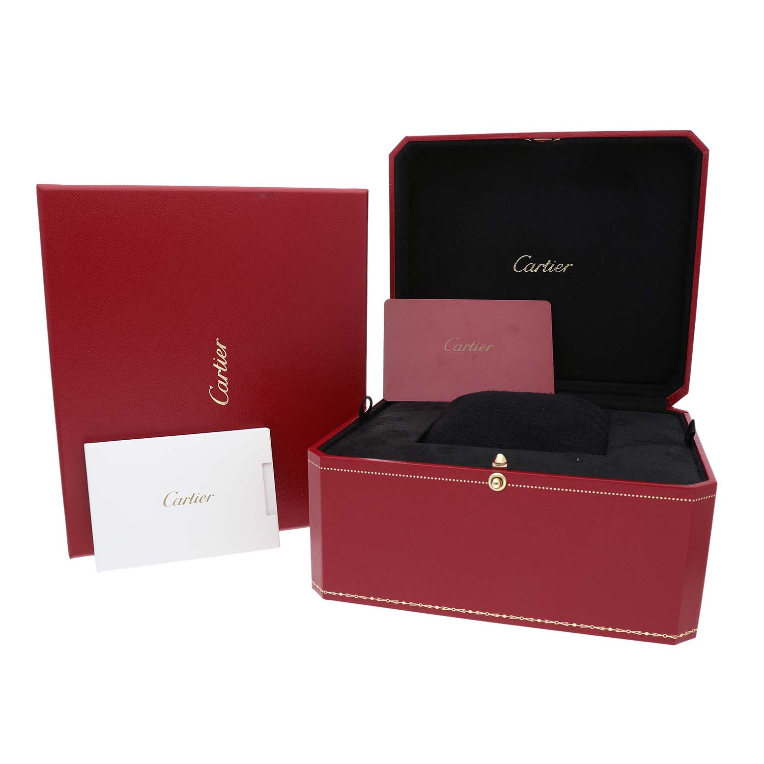 The image shows a Cartier Tank Louis W1529756 Men's Yellow Gold Silver Dial watch box set with red packaging and Cartier branding.