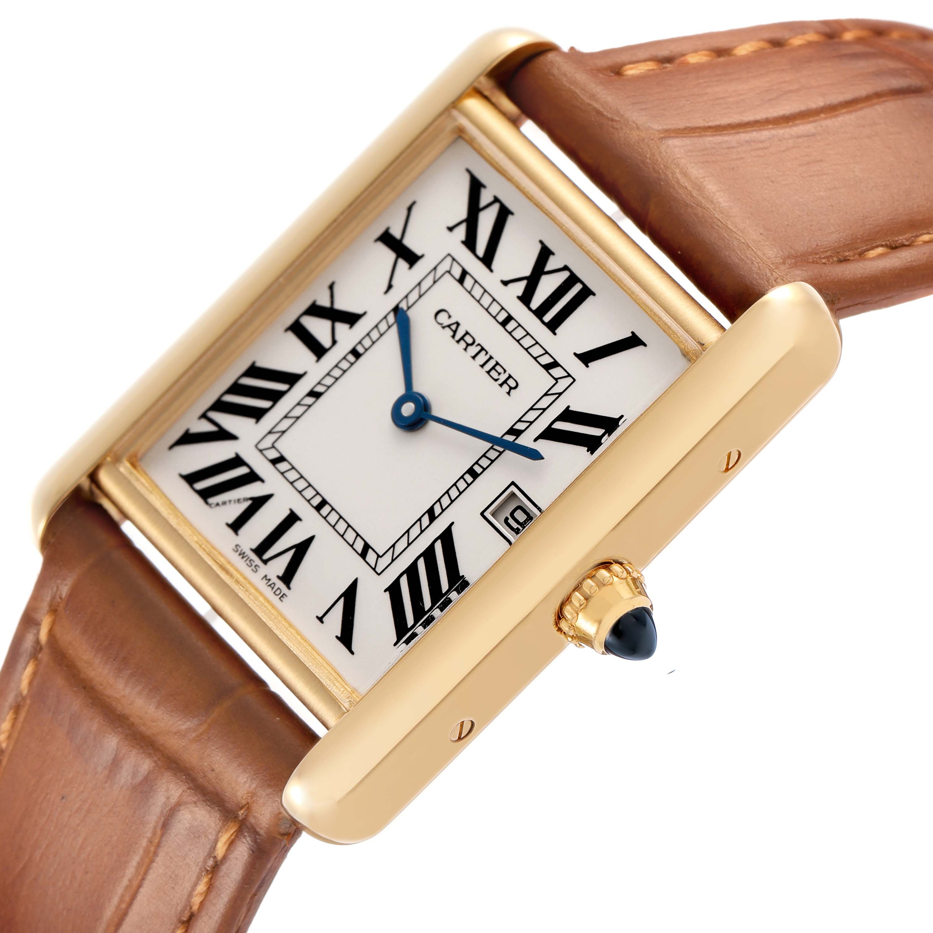 The Cartier Tank Louis W1529756 Men's Yellow Gold Silver Dial watch is shown at an angled view, displaying its gold case, Roman numeral dial, blue hands, and brown leather strap.