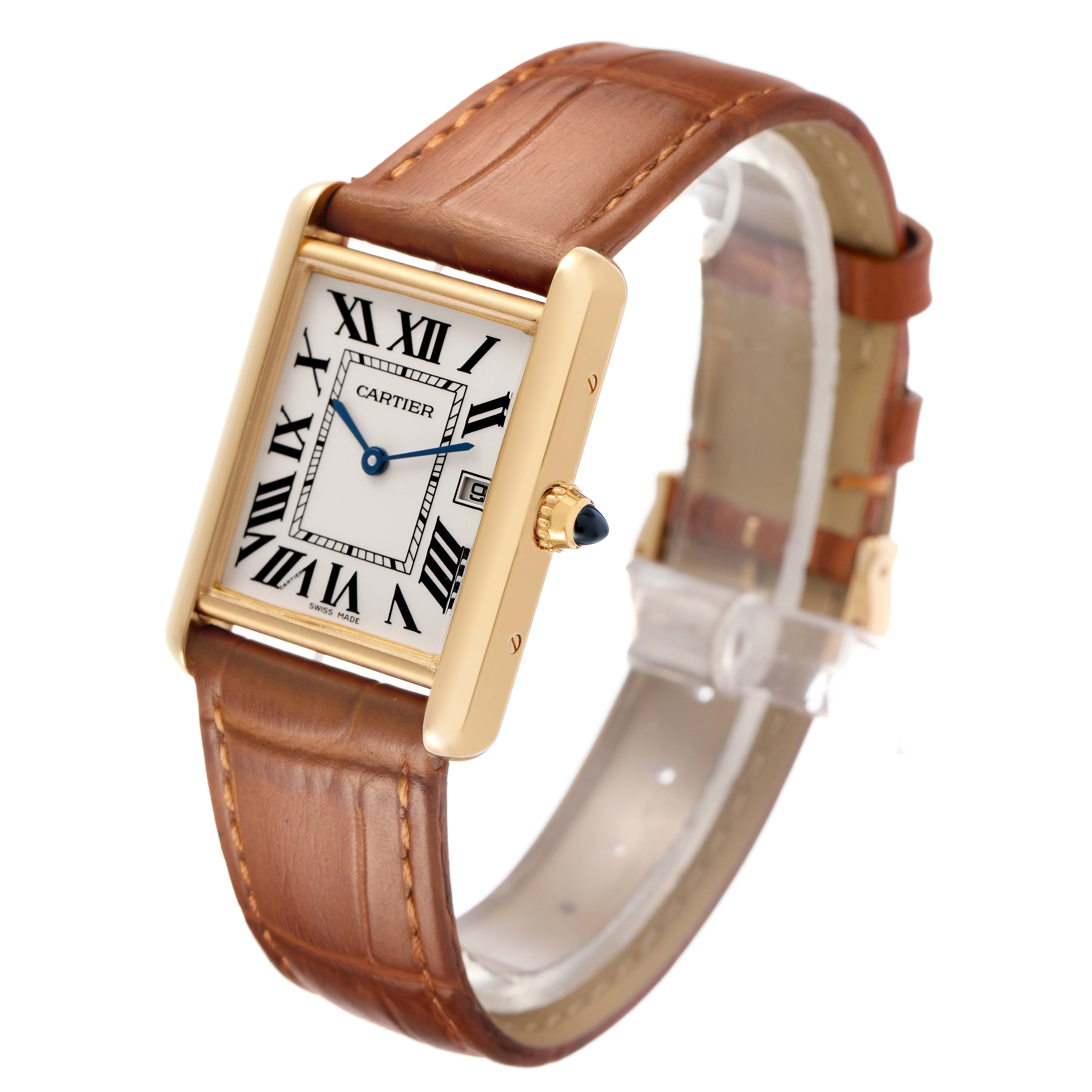 The Cartier Tank Louis W1529756 Men's Yellow Gold Silver Dial watch is shown at an angle highlighting the dial, brown leather strap, and gold case.