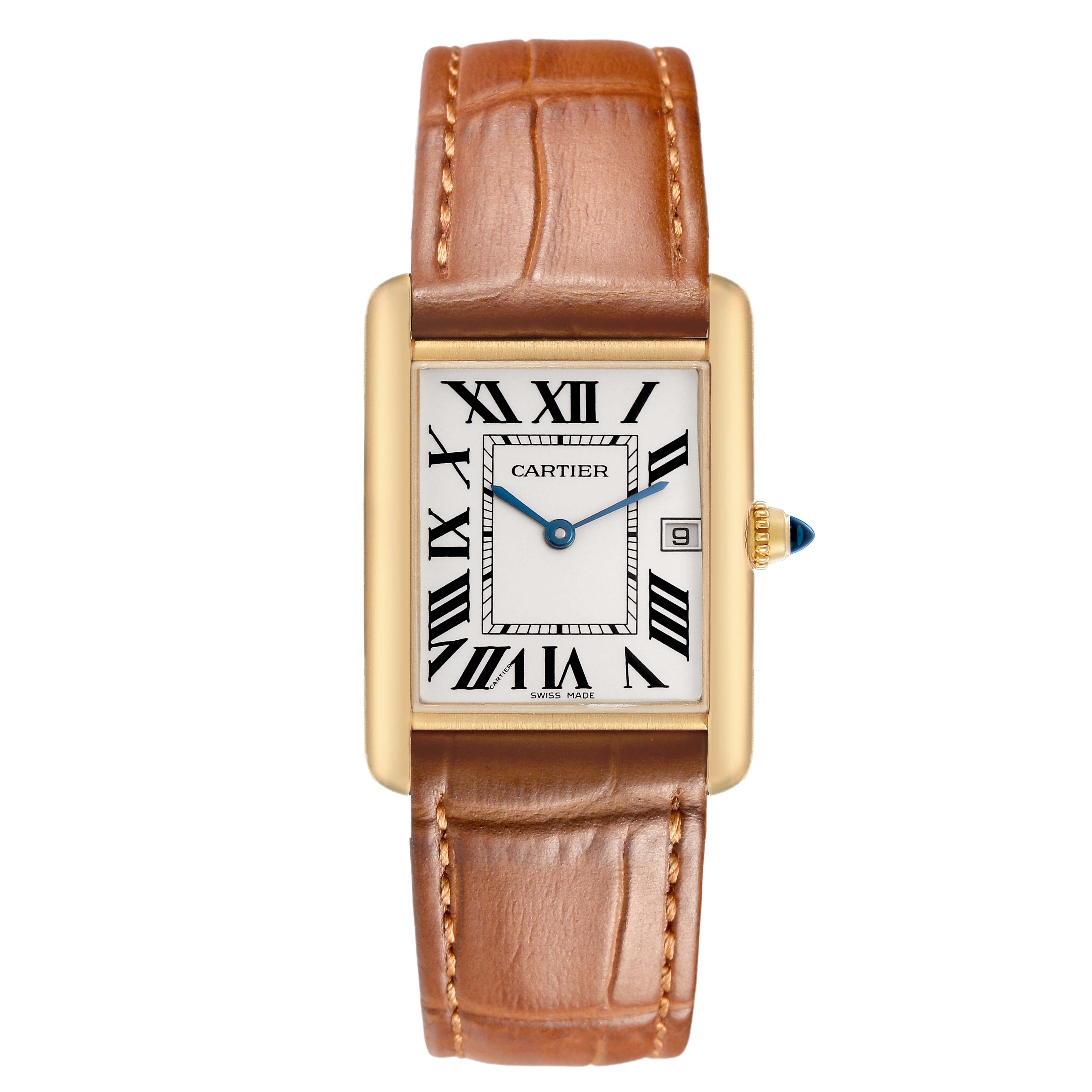 The image shows a front view of the Cartier Tank Louis W1529756 Men's Yellow Gold Silver Dial watch, highlighting its rectangular dial and brown leather strap.