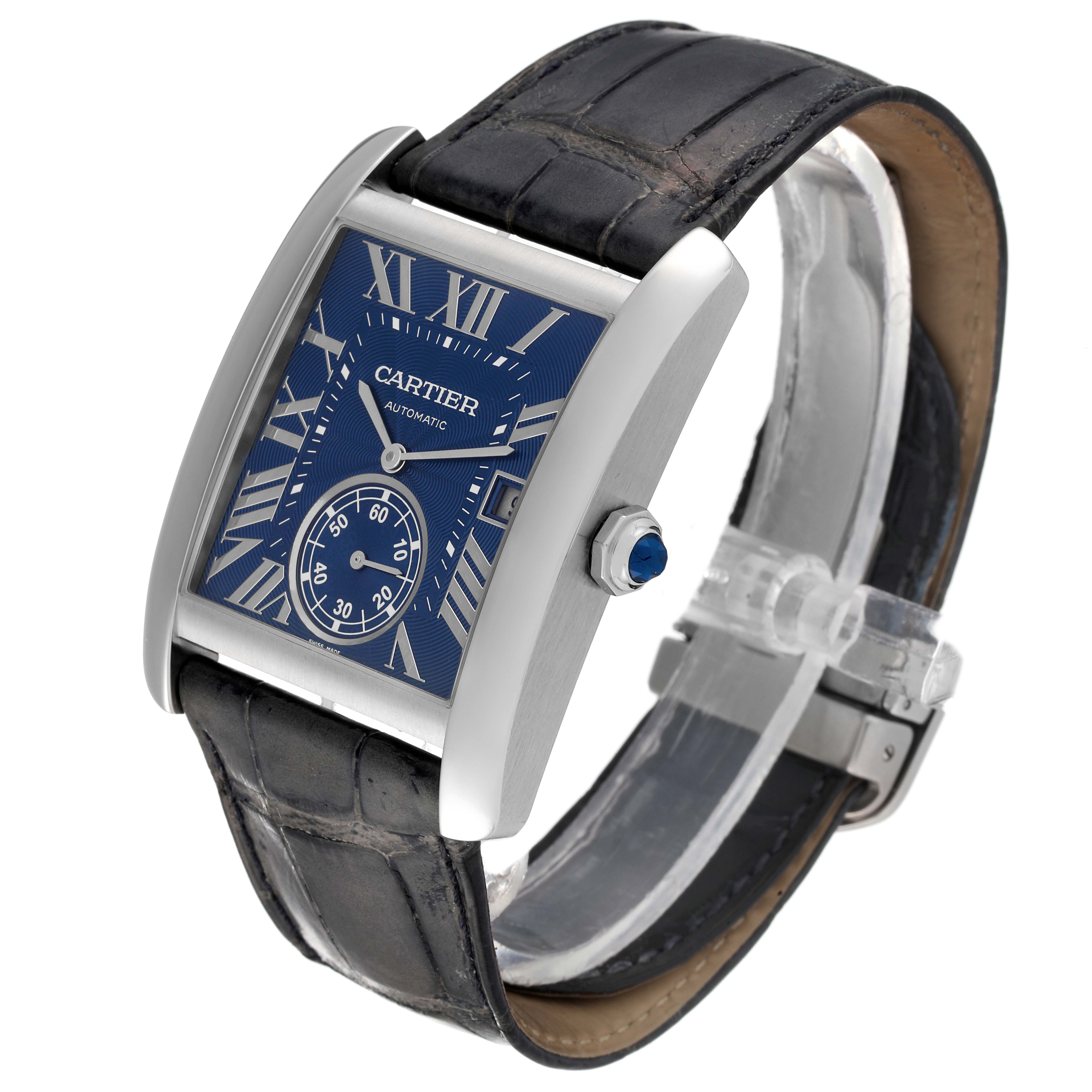 This image shows a side angle of a Cartier Tank MC WSTA0010 Men's Stainless Steel Blue Dial WSTA0010 Men's Stainless Steel Blue Dial watch, highlighting its blue dial, Roman numerals, and black leather strap.
