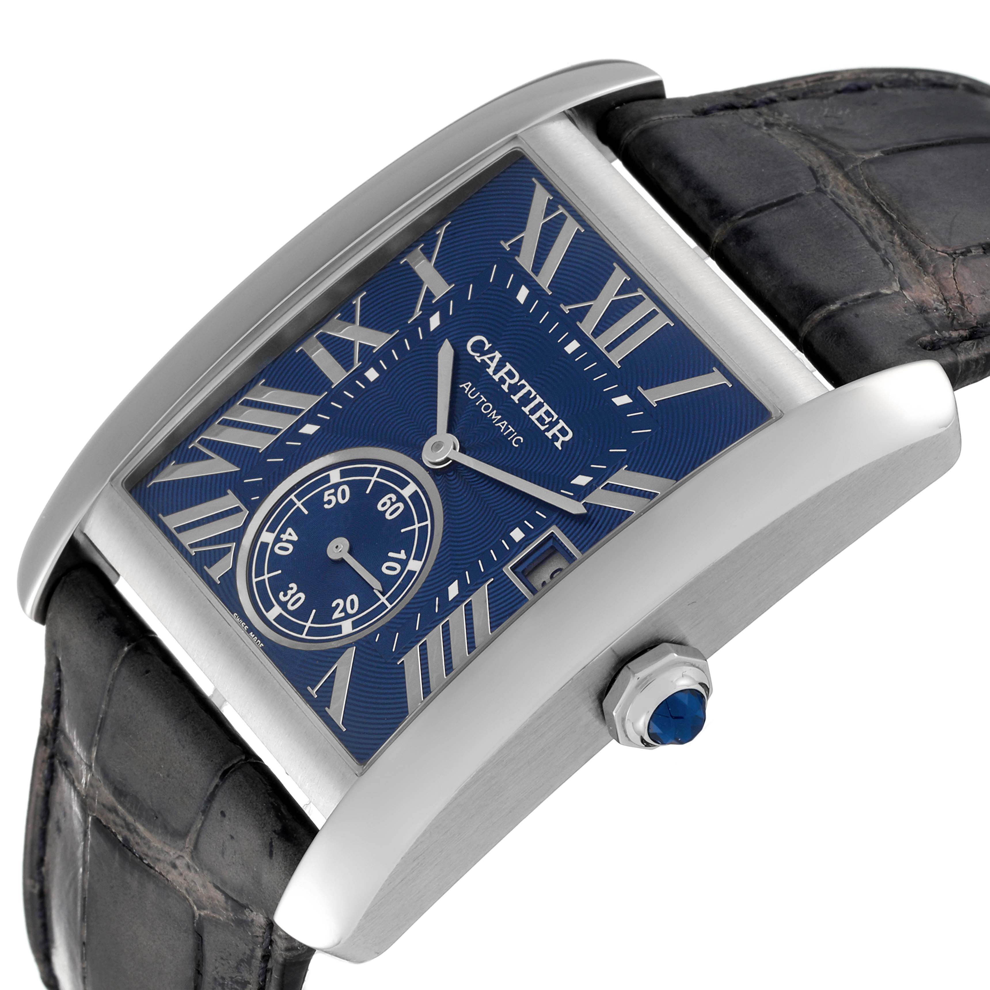 The Cartier Tank MC WSTA0010 Men's Stainless Steel Blue Dial WSTA0010 Men's Stainless Steel Blue Dial model watch is shown at an angled close-up, displaying the case, dial, and part of the strap.