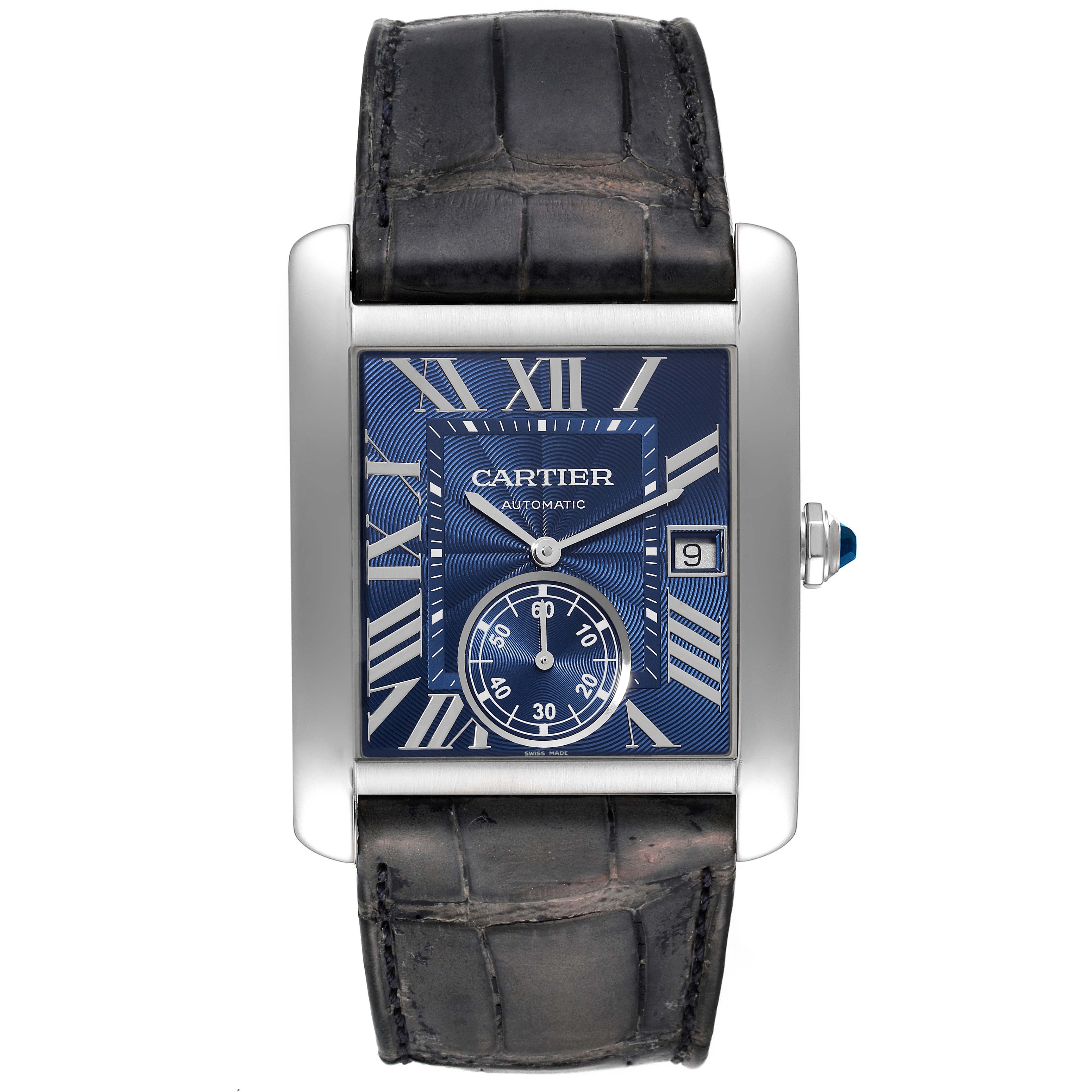 The Cartier Tank MC WSTA0010 Men's Stainless Steel Blue Dial WSTA0010 Men's Stainless Steel Blue Dial watch is shown from the front, highlighting its face, roman numeral dial, leather strap, and date window.