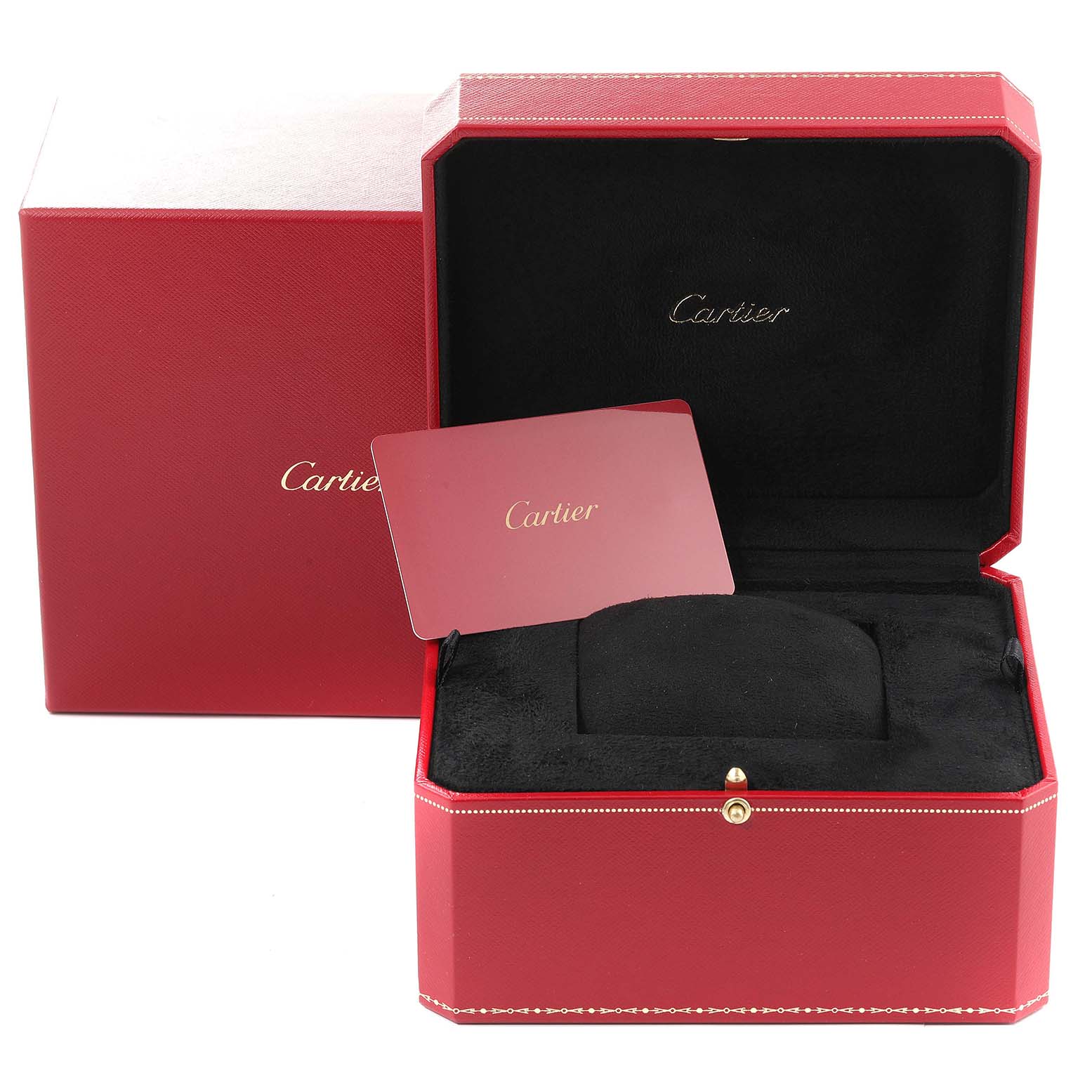 The image shows an open red Cartier box with a card inside, meant for the Tank MC watch model.