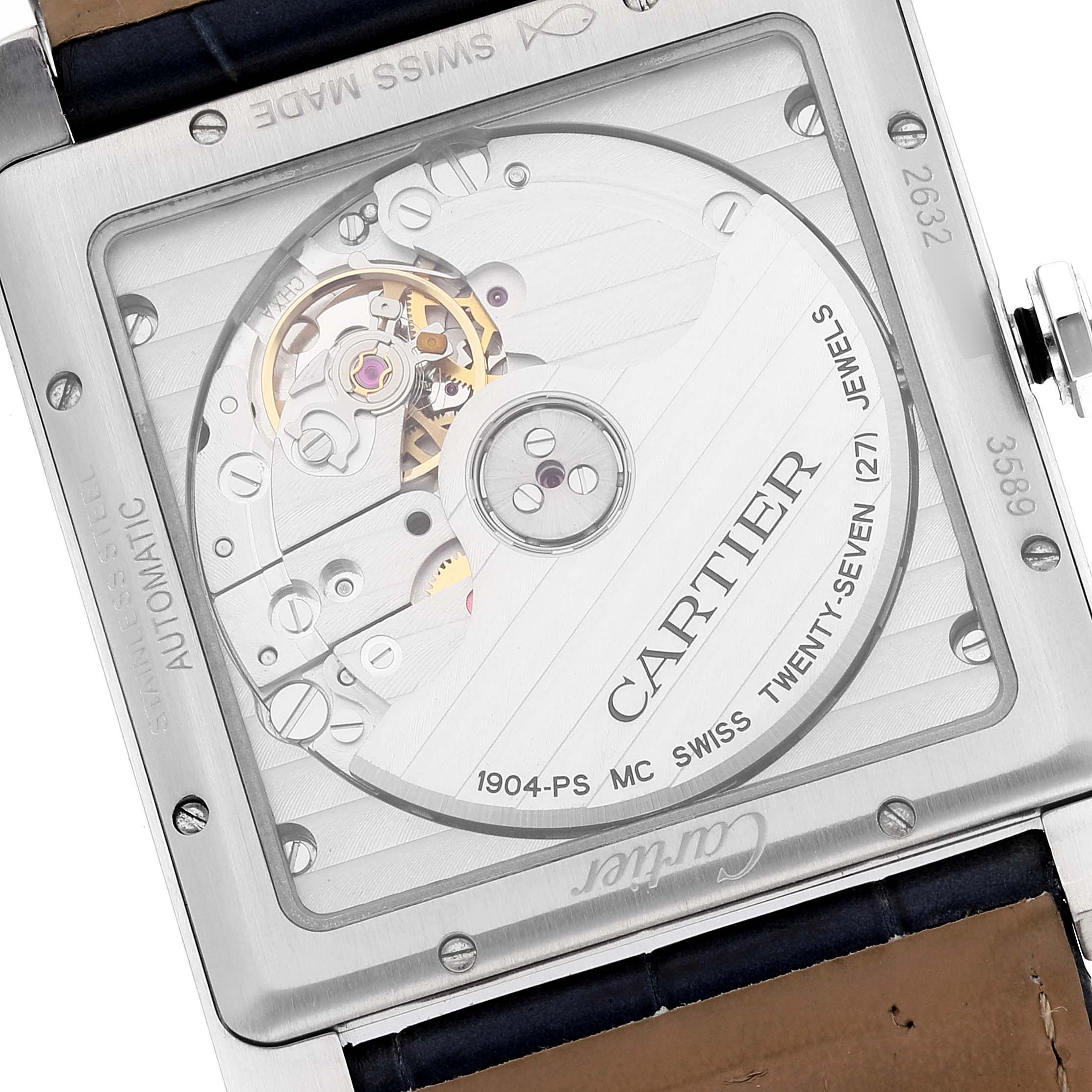 This is the back view of the Cartier Tank MC WSTA0010 Men's Stainless Steel Blue Dial WSTA0010 Men's Stainless Steel Blue Dial watch, showing its automatic movement and inner mechanisms.