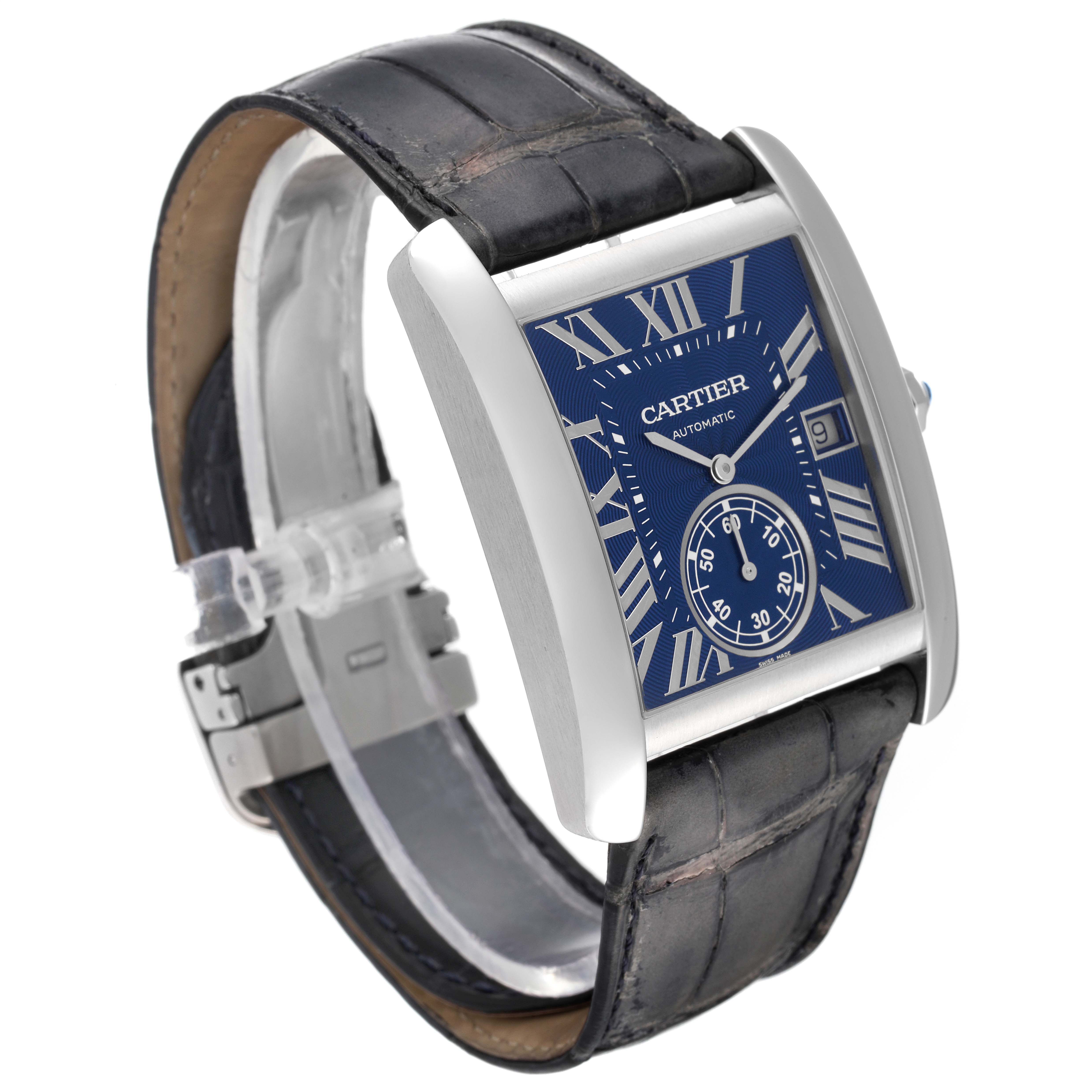 The image shows a Cartier Tank MC WSTA0010 Men's Stainless Steel Blue Dial WSTA0010 Men's Stainless Steel Blue Dial watch angled slightly from the front left, highlighting its face, strap, and buckle.