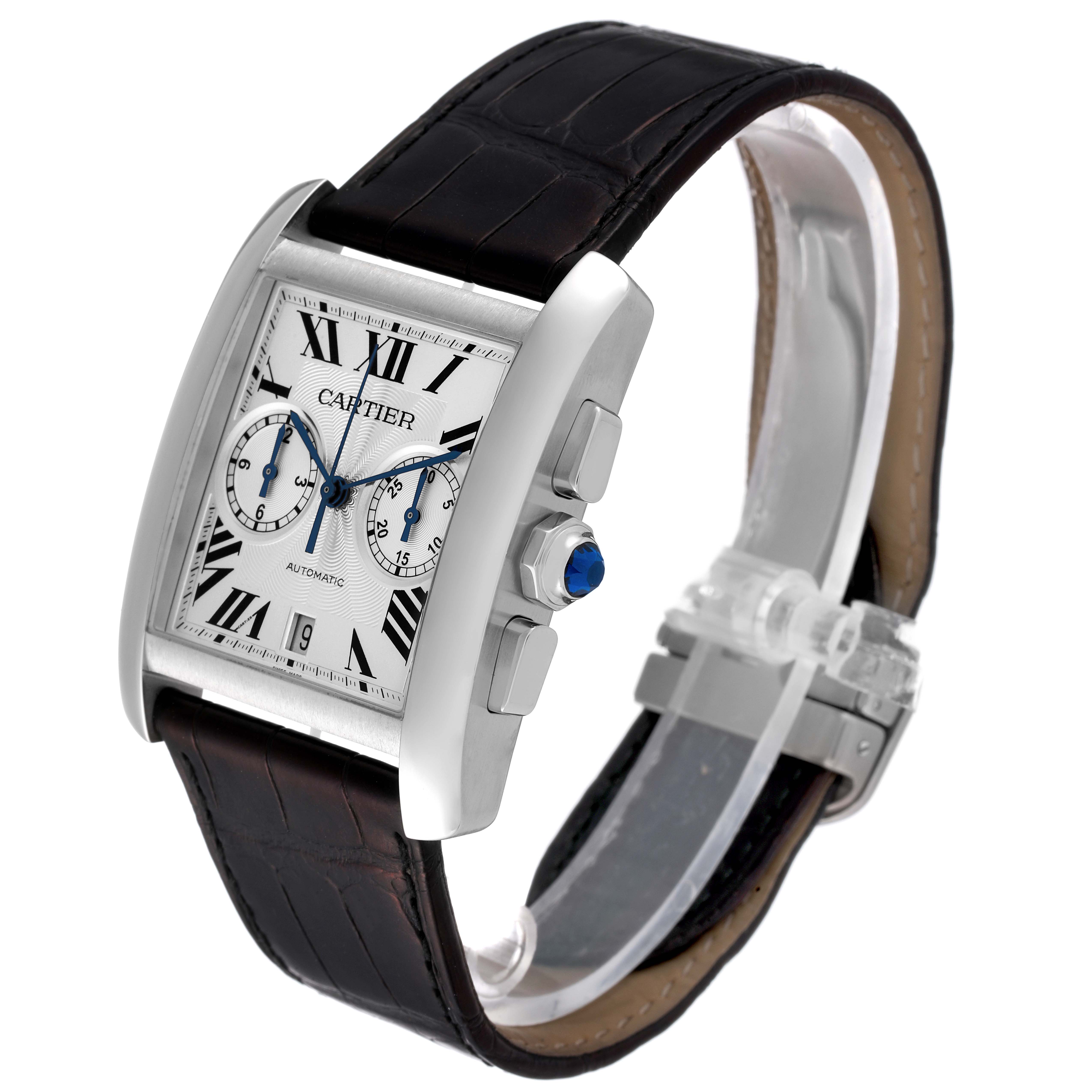 The image shows a Cartier Tank MC W5330007 Men's Stainless Steel Silver Dial W5330007 Men's Stainless Steel Silver Dial watch from a side angle, highlighting its face, crown, pushers, and leather strap.