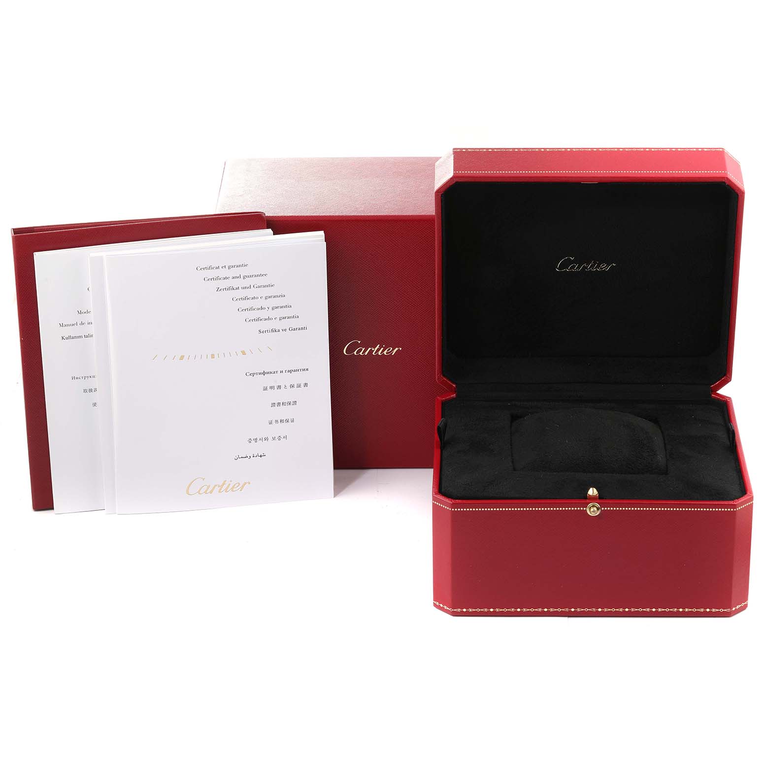 The image shows the packaging accessories for the Cartier Tank MC W5330007 Men's Stainless Steel Silver Dial W5330007 Men's Stainless Steel Silver Dial, including an open red box and manuals.