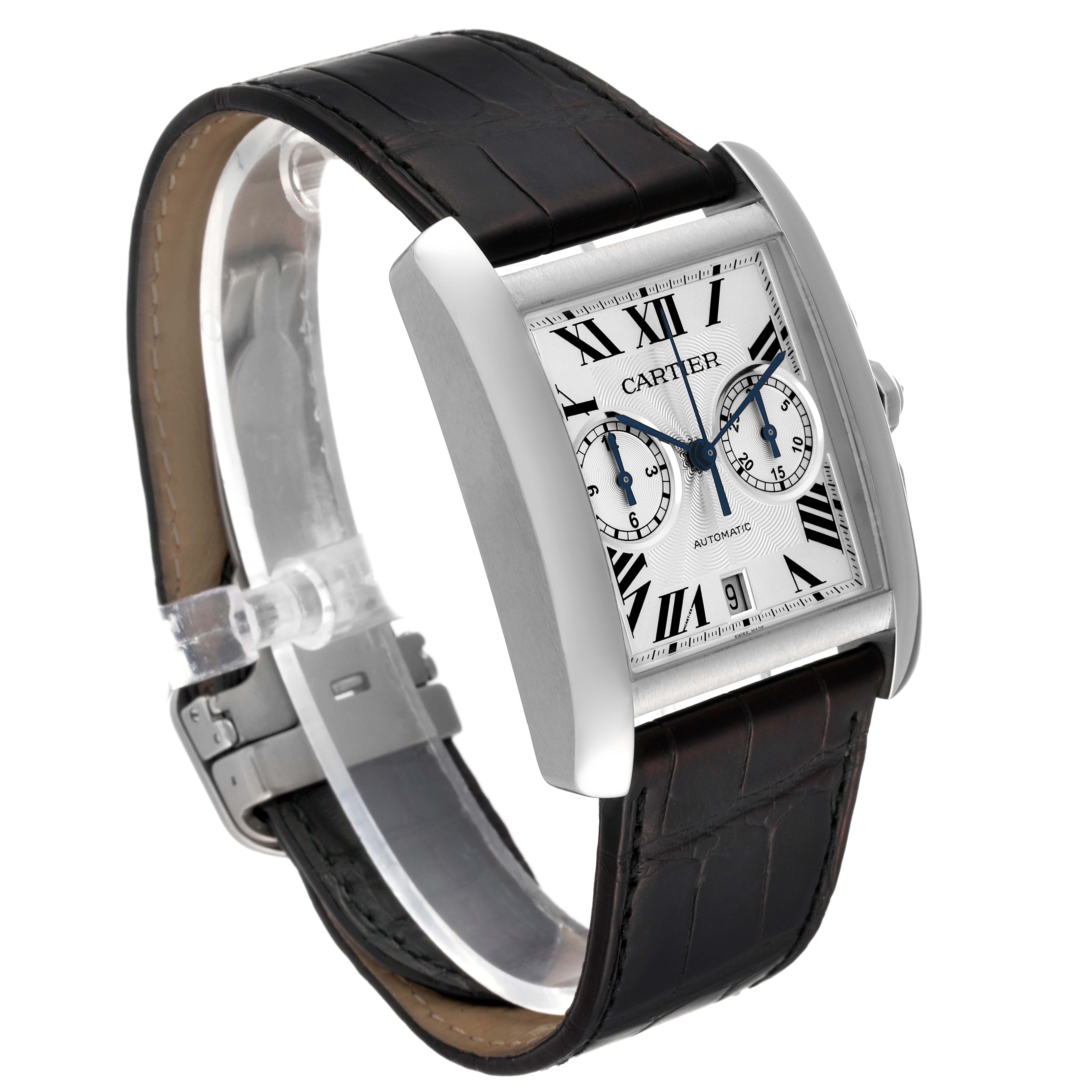 The image shows a Cartier Tank MC W5330007 Men's Stainless Steel Silver Dial W5330007 Men's Stainless Steel Silver Dial watch at an angled side view, displaying the face, dial, and brown leather strap.