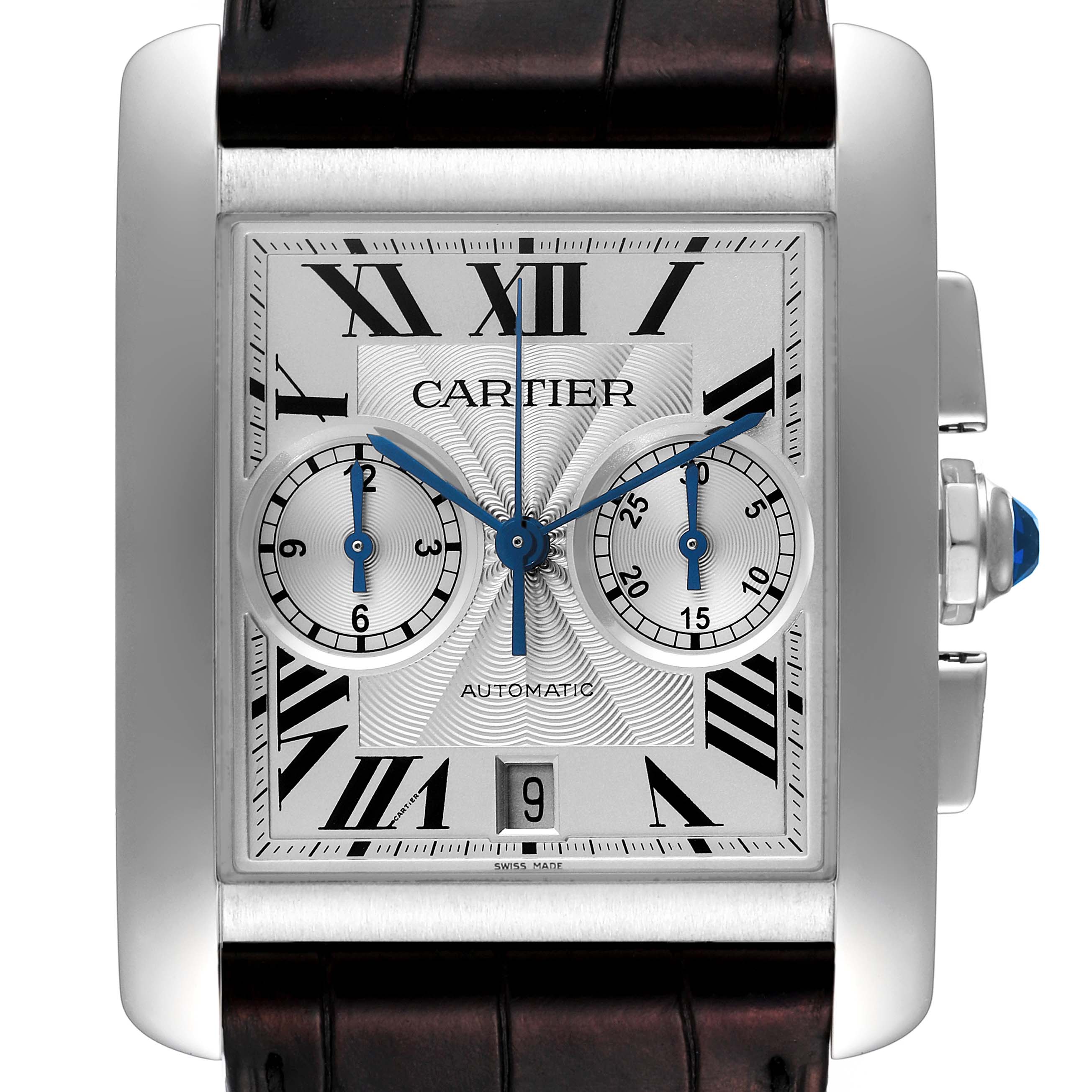 The image shows a straight-on view of a Cartier Tank MC W5330007 Men's Stainless Steel Silver Dial W5330007 Men's Stainless Steel Silver Dial watch, highlighting the dial, sub-dials, and crown.
