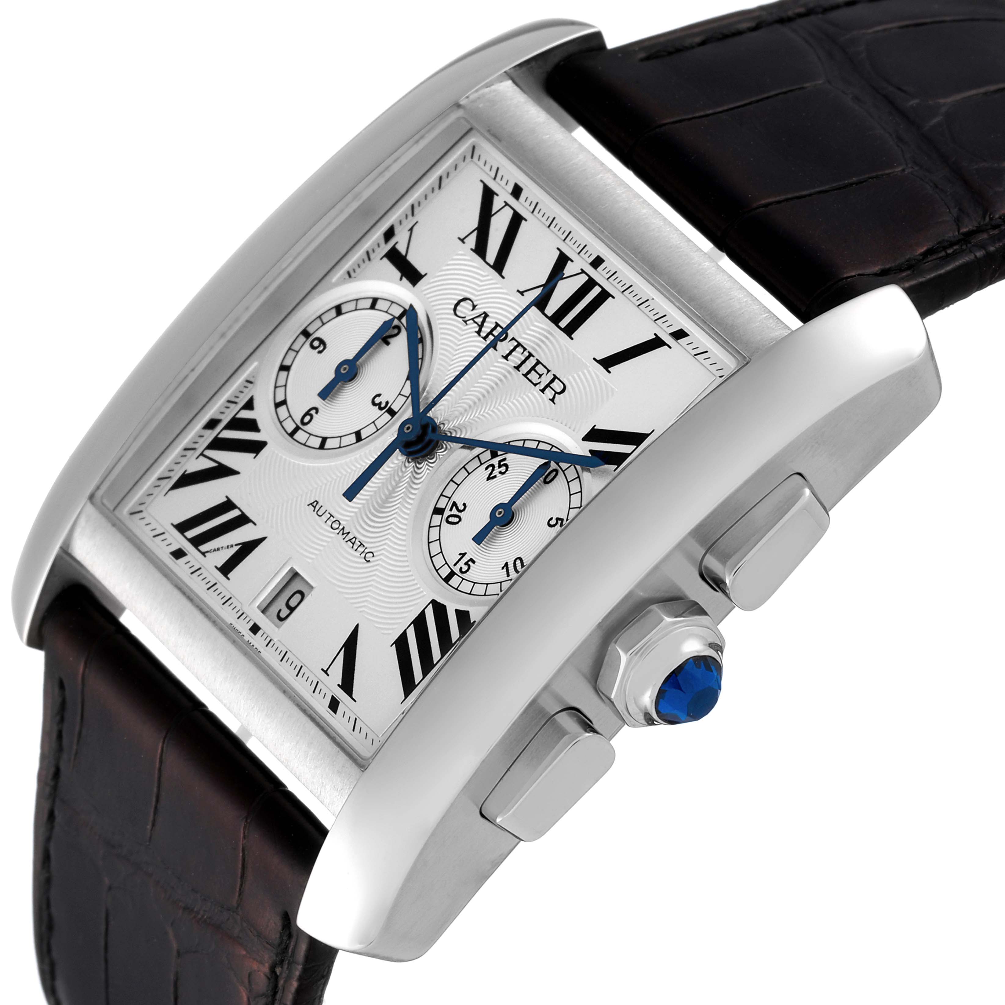 The Cartier Tank MC W5330007 Men's Stainless Steel Silver Dial W5330007 Men's Stainless Steel Silver Dial watch is shown at an angle highlighting the face, crown, sub-dials, and parts of the strap.