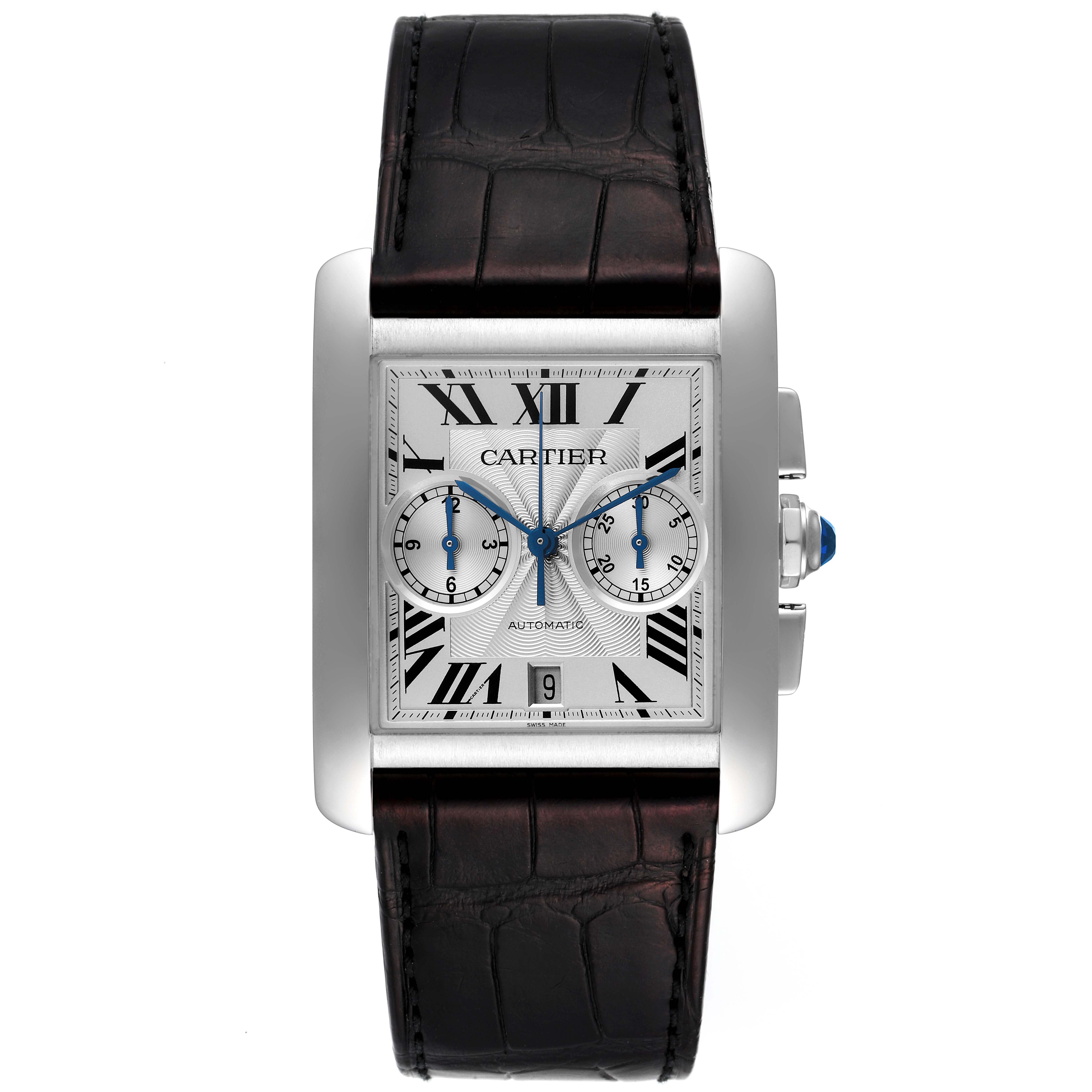 The image depicts a front view of a Cartier Tank MC W5330007 Men's Stainless Steel Silver Dial W5330007 Men's Stainless Steel Silver Dial watch, showcasing its rectangular face, Roman numerals, blue hands, and leather strap.