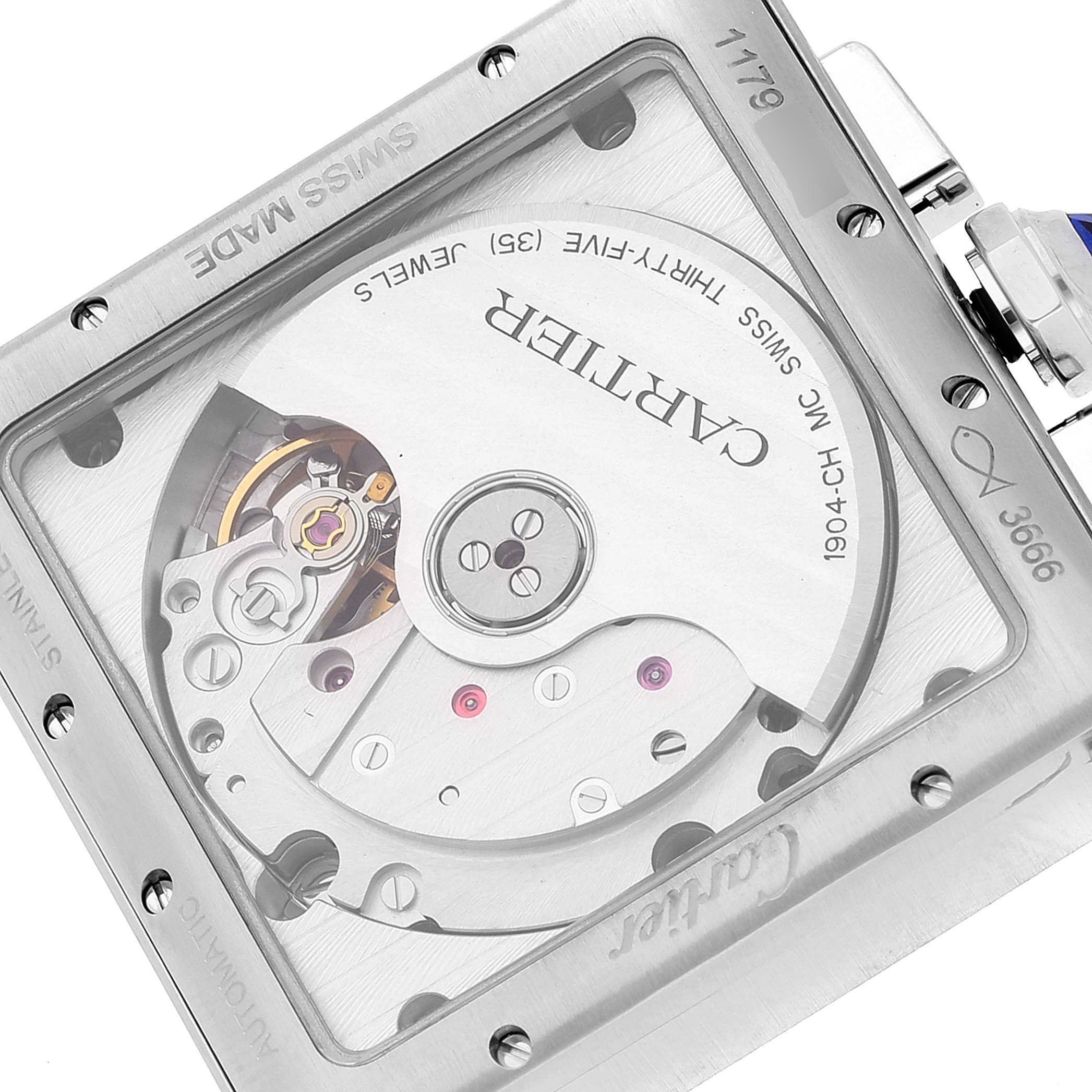 This image shows the back view of the Cartier Tank MC W5330007 Men's Stainless Steel Silver Dial W5330007 Men's Stainless Steel Silver Dial watch, highlighting its movement mechanism and internal components.