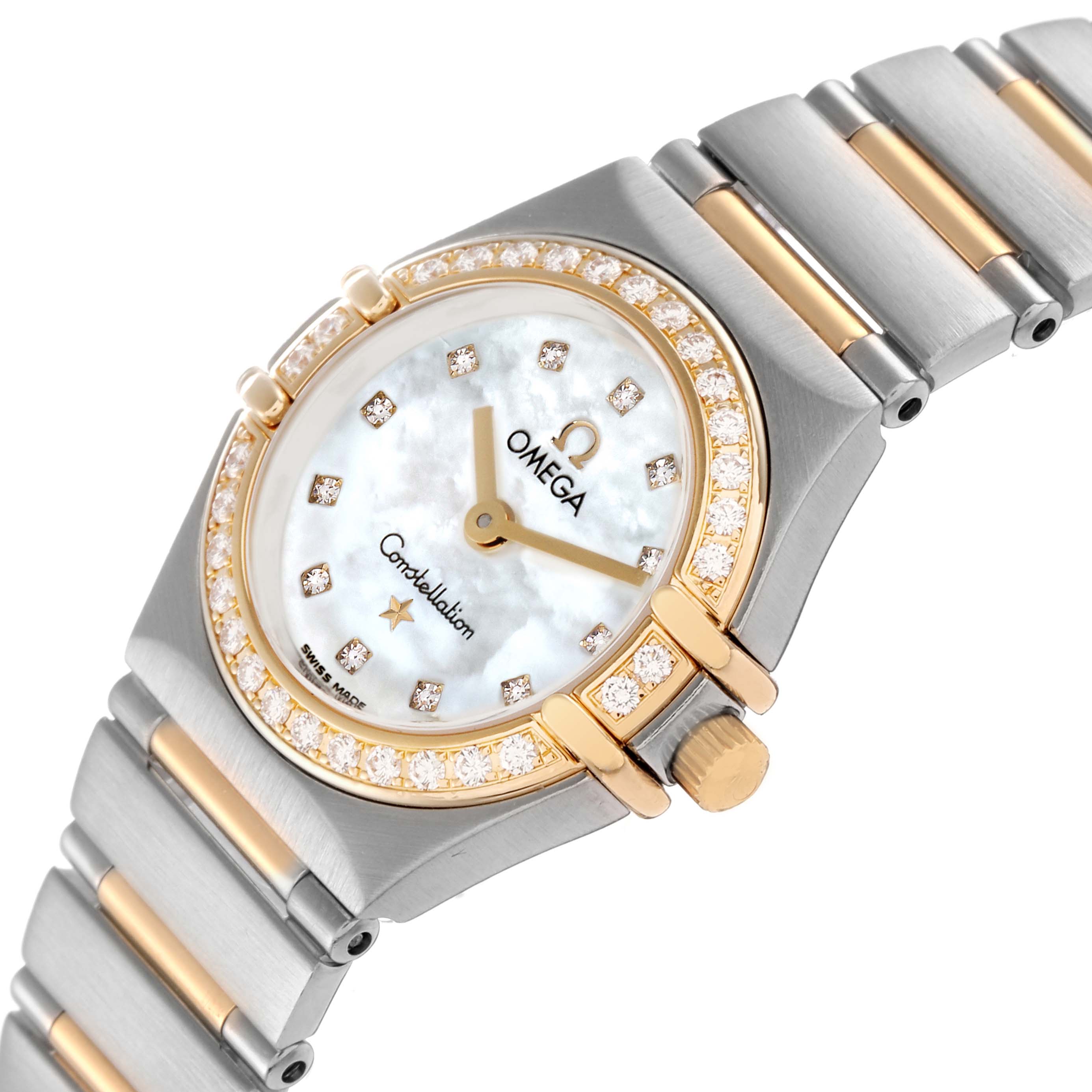 The Omega watch model 1267.75.00 is shown at an angled view displaying the face, bezel with diamonds, and part of the metal bracelet.