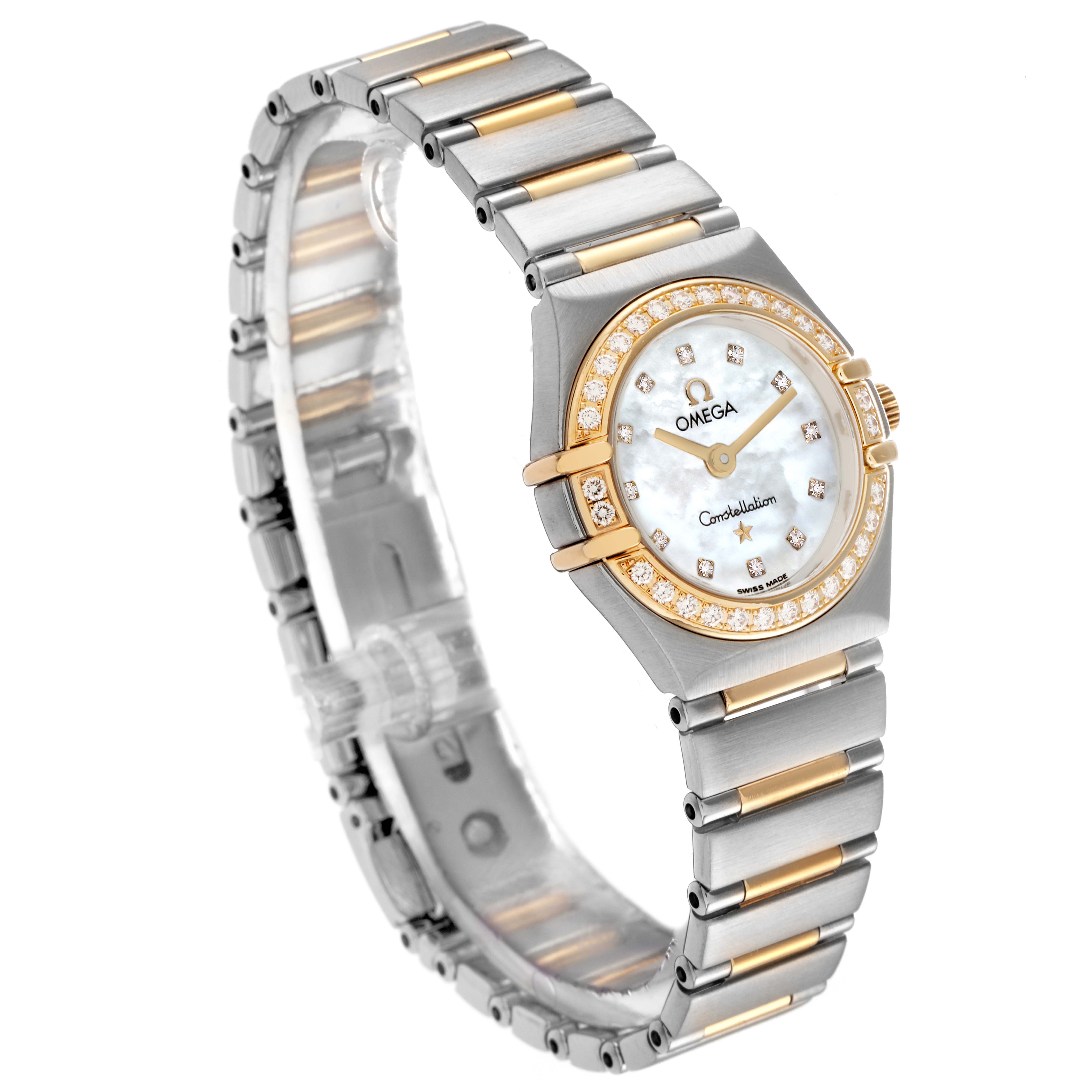 The Omega model 1267.75.00 men's watch is shown at a three-quarter angle, highlighting the face, bezel, and part of the bracelet.