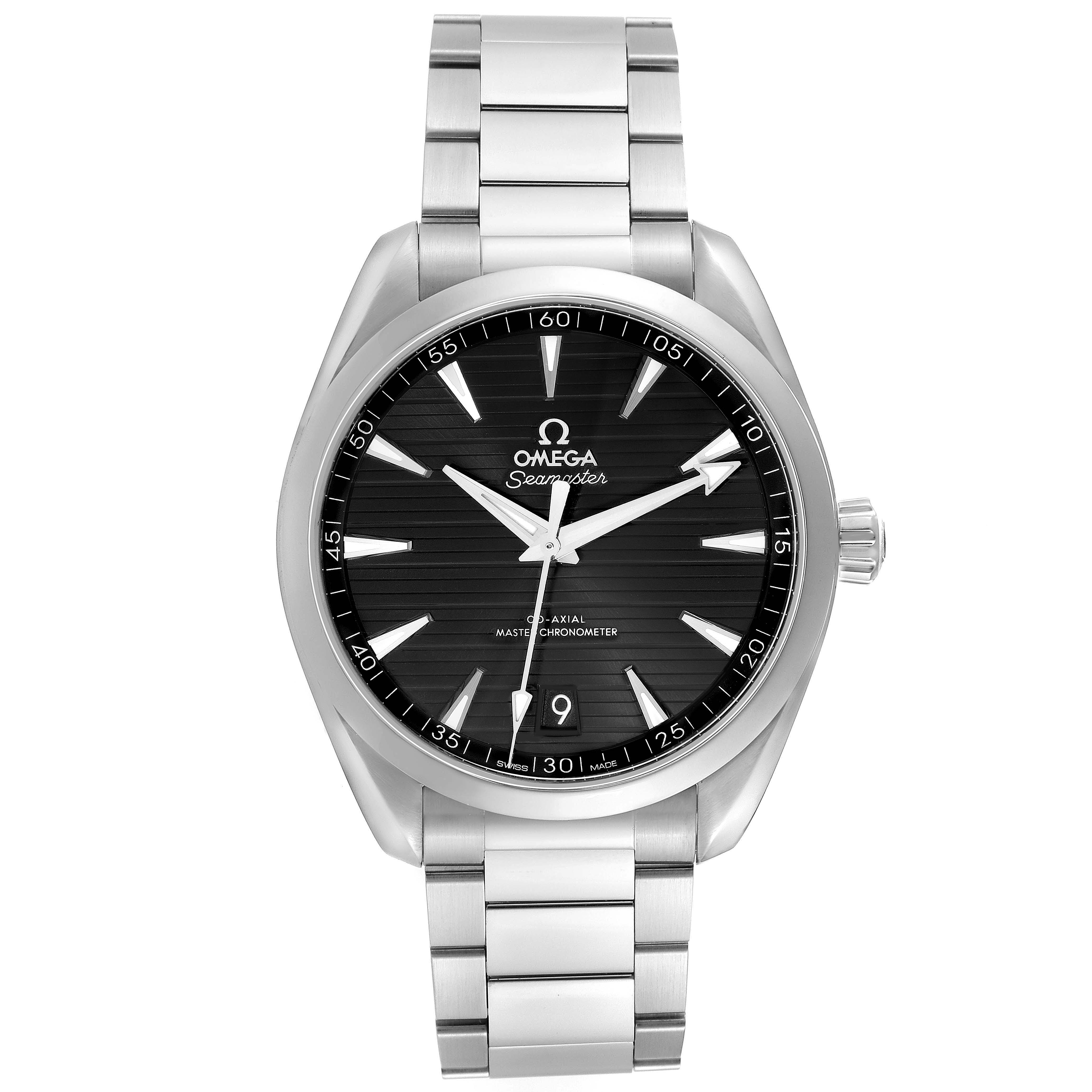 The Omega Aqua Terra 220.10.41.21.01.001 is shown from the front, displaying its black dial, date feature, stainless steel bracelet, and crown.