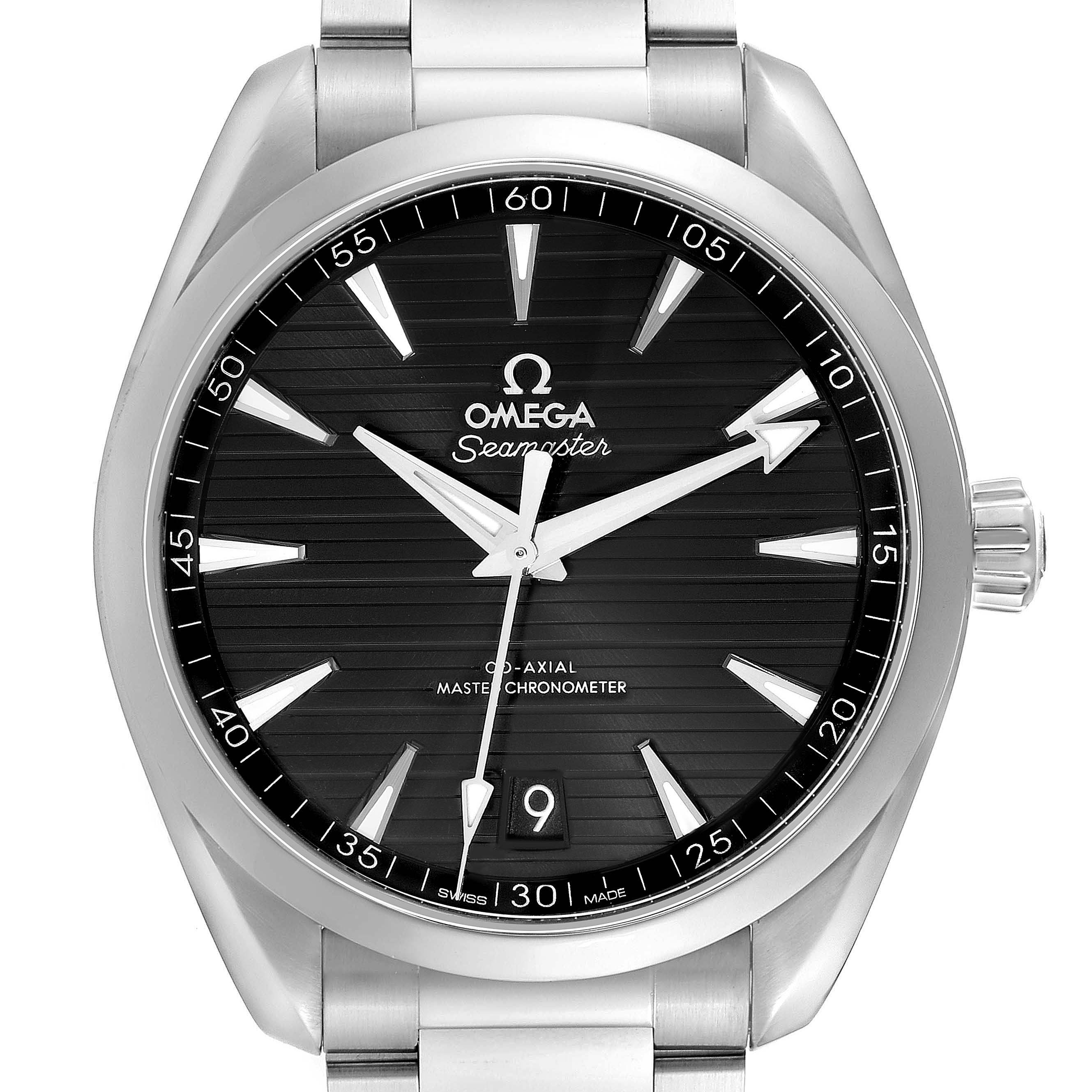 The Omega Aqua Terra 220.10.41.21.01.001 watch is shown from the front, highlighting its black dial, hands, indices, date window, and metal bracelet.
