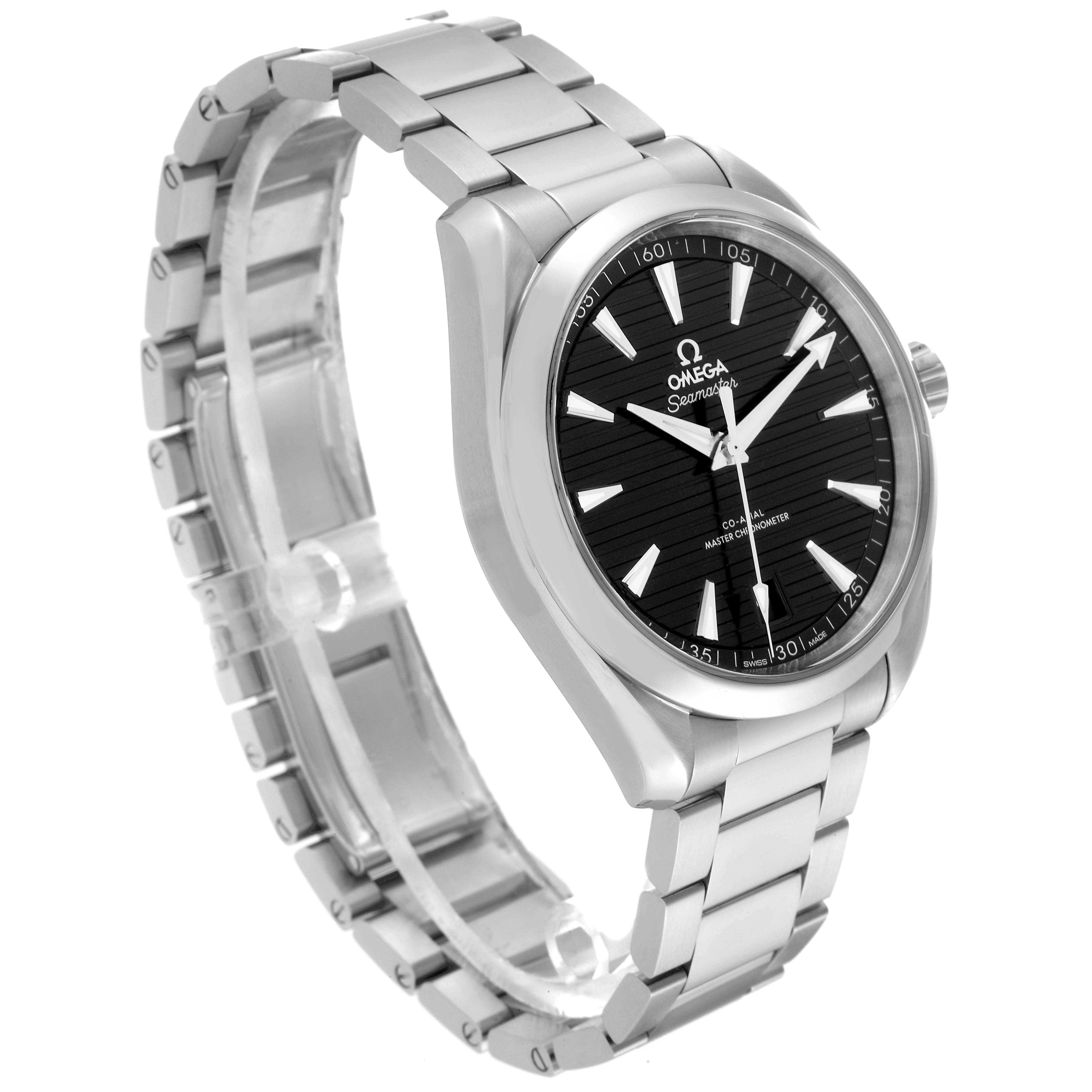 The image shows the Omega Aqua Terra 220.10.41.21.01.001 from a tilted angle, displaying the face, bezel, and part of the bracelet.