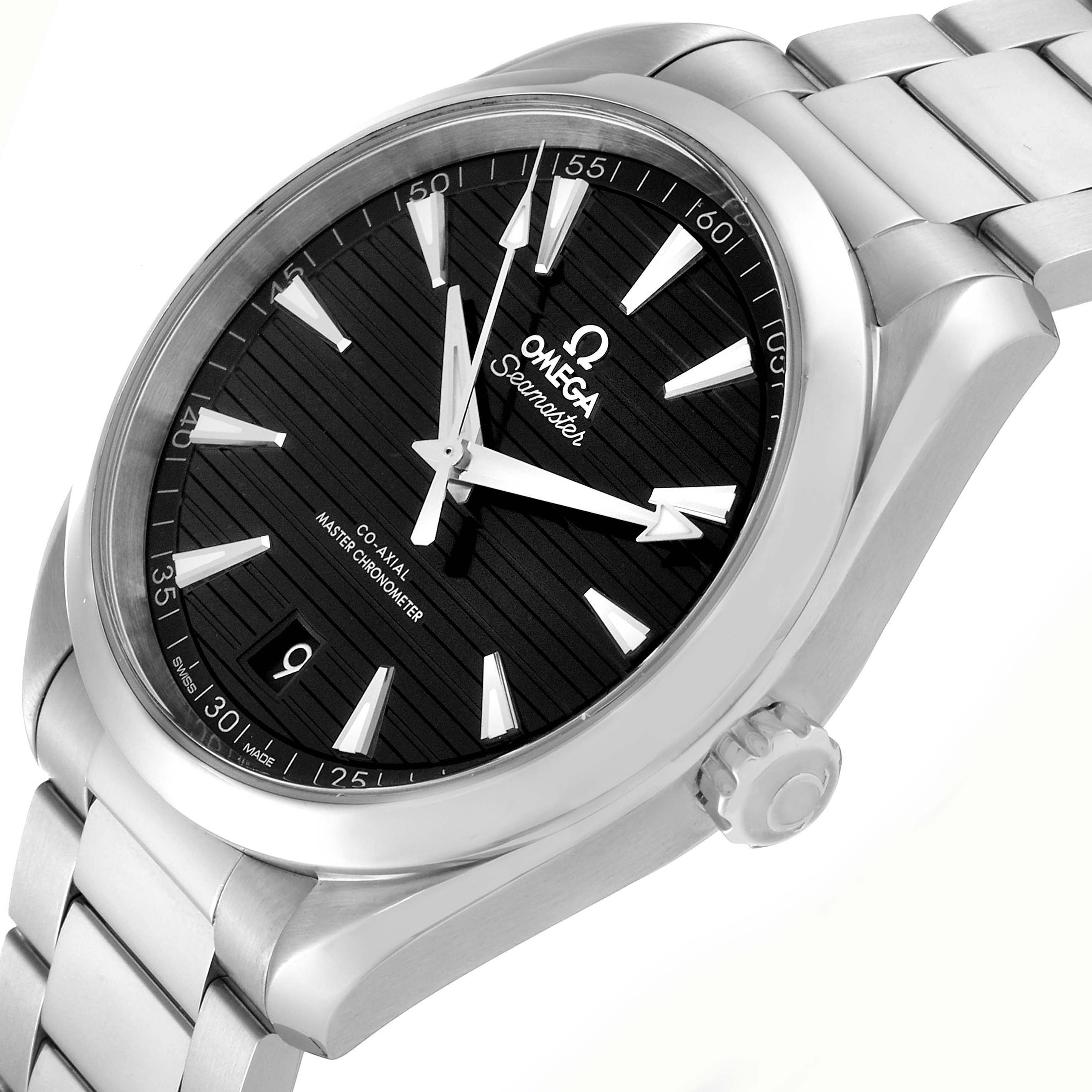 The image shows an Omega Aqua Terra model 220.10.41.21.01.001 at a slight angle displaying the dial, case, crown, and part of the bracelet.