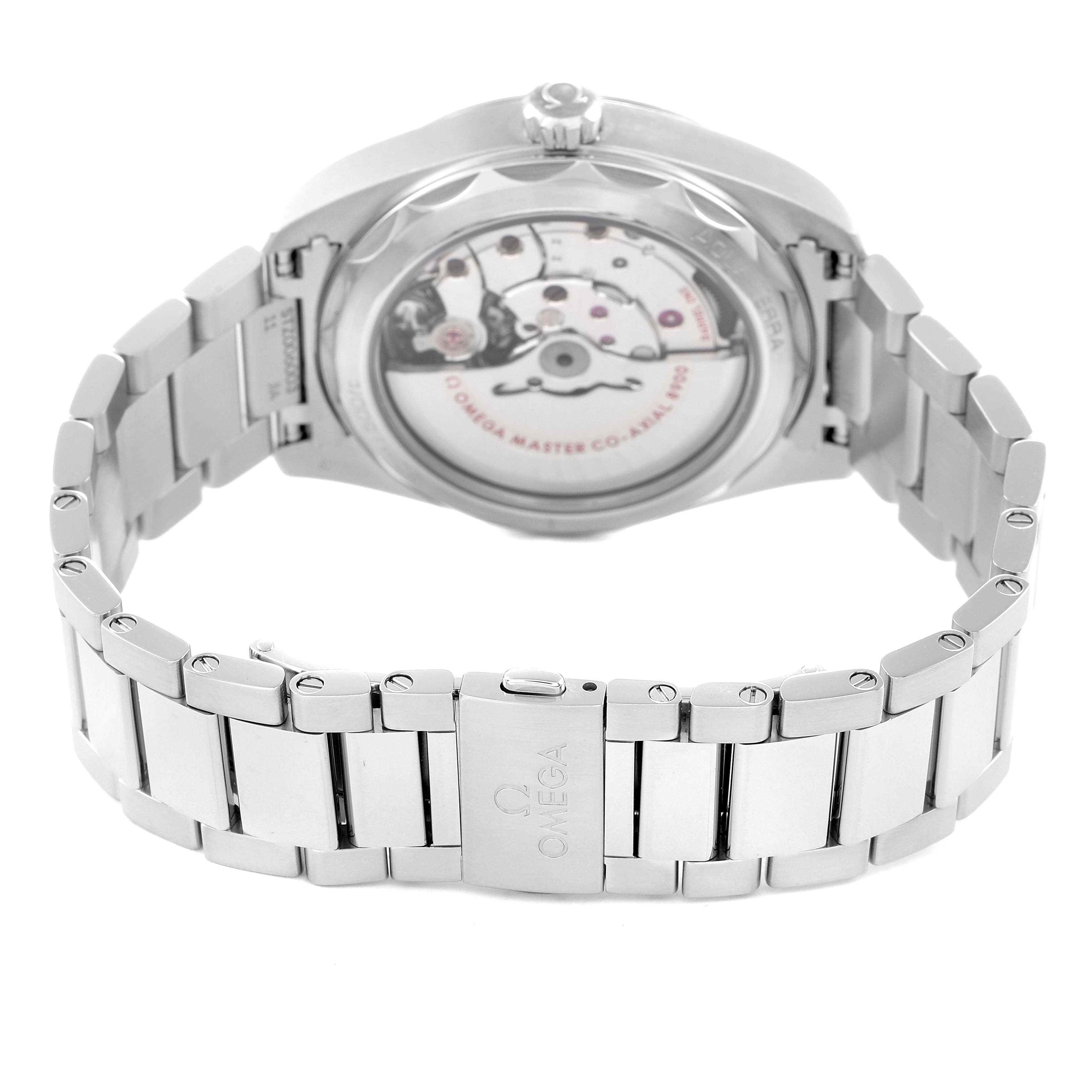 The image shows the Omega Aqua Terra model 220.10.41.21.01.001 from the back, highlighting the exhibition case back and bracelet links.