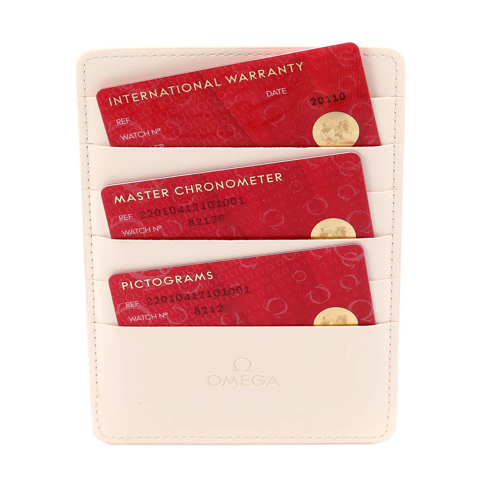 The image shows accessory cards for the Omega Aqua Terra men
s watch, model number 220.10.41.21.01.001, including warranty, master chronometer, and pictograms cards.