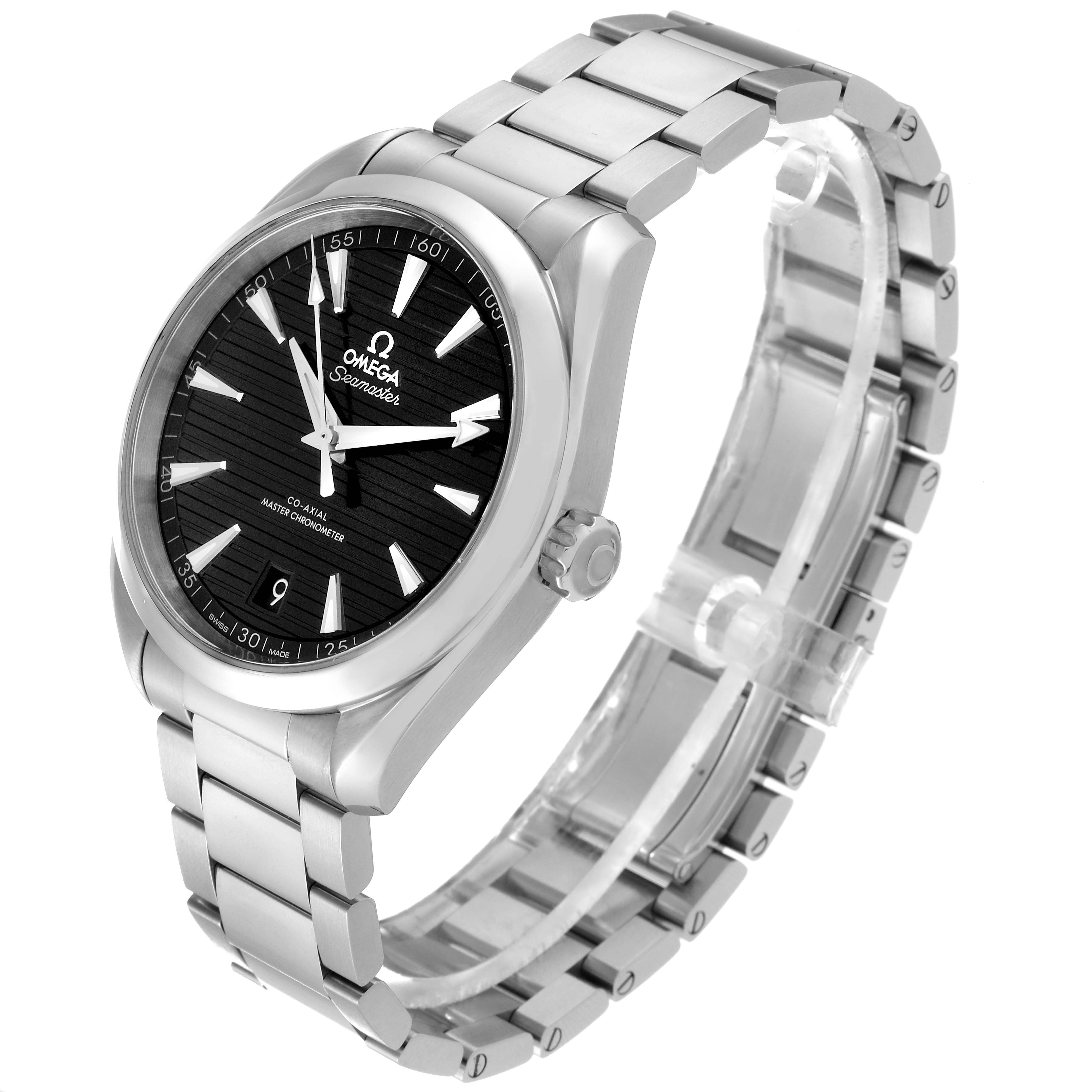 The Omega Aqua Terra 220.10.41.21.01.001 watch is shown at a three-quarter angle highlighting its black dial, bezel, crown, and stainless steel bracelet.