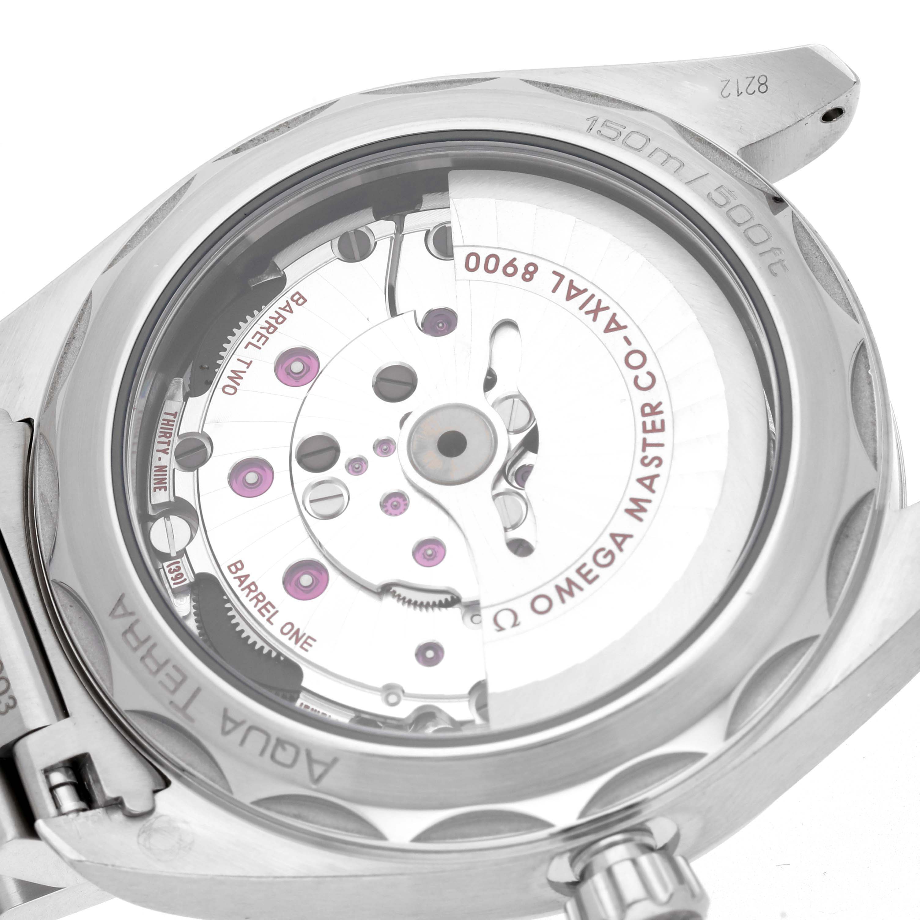 The image shows the back view of an Omega Aqua Terra model 220.10.41.21.01.001, highlighting the watch
s mechanical movement and transparent case back.