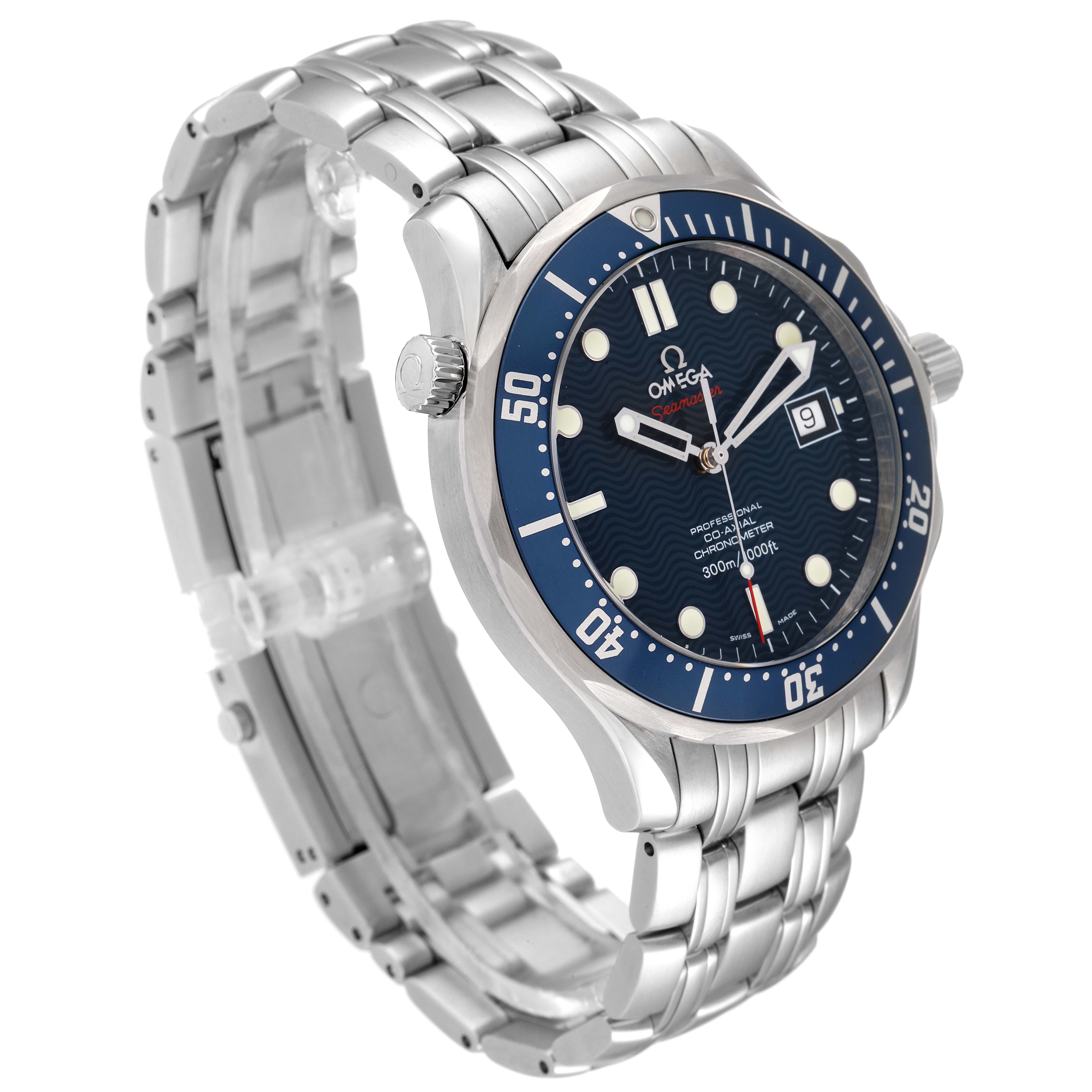 The Omega Seamaster 2220.80.00 Men's Stainless Steel Blue Dial 2220.80.00 Men's Stainless Steel Blue Dial watch is shown at a three-quarter angle, displaying its face, bezel, crown, and metal bracelet.
