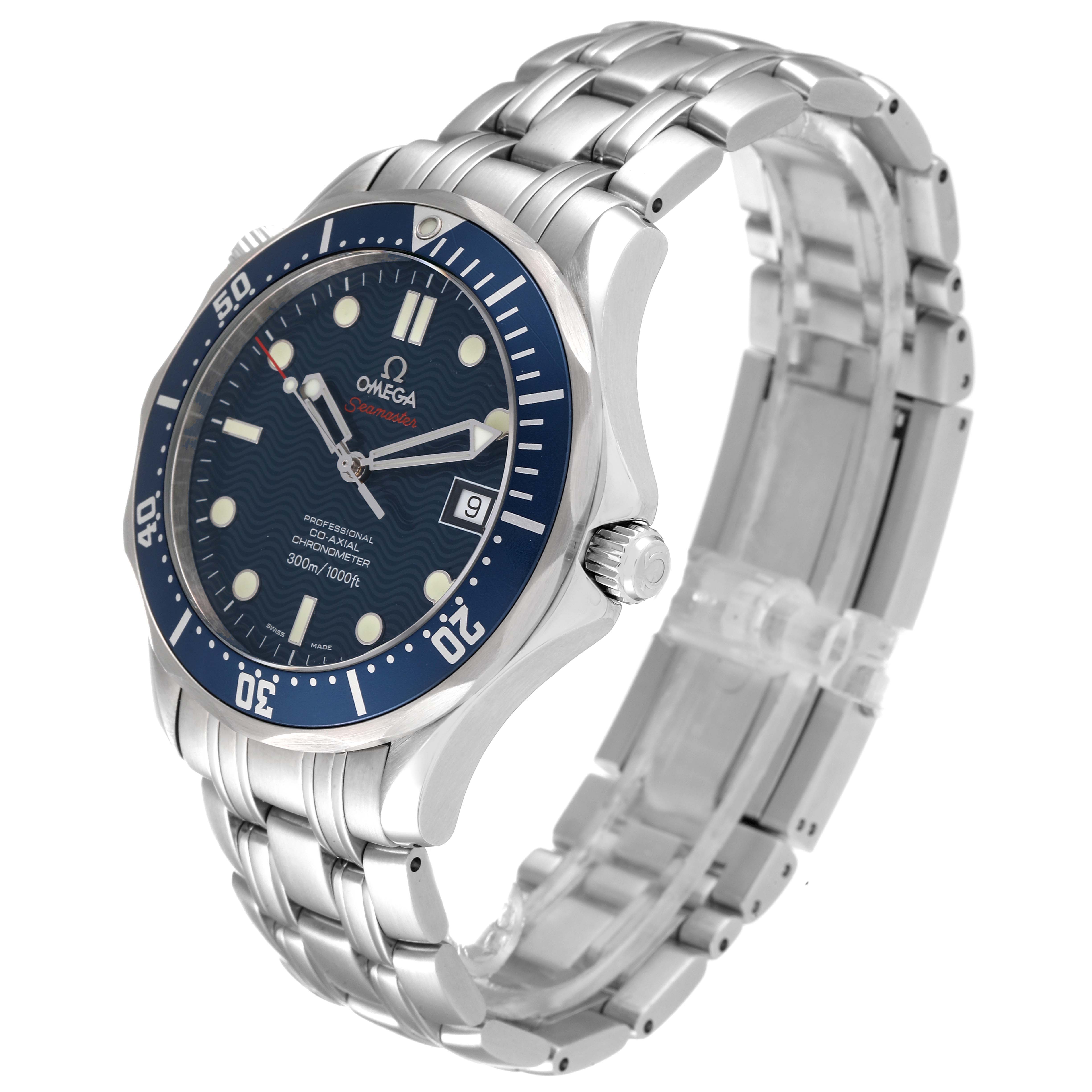 The Omega Seamaster 2220.80.00 Men's Stainless Steel Blue Dial 2220.80.00 Men's Stainless Steel Blue Dial watch is displayed from a three-quarter angle, showcasing its dial, bezel, crown, and metal bracelet.