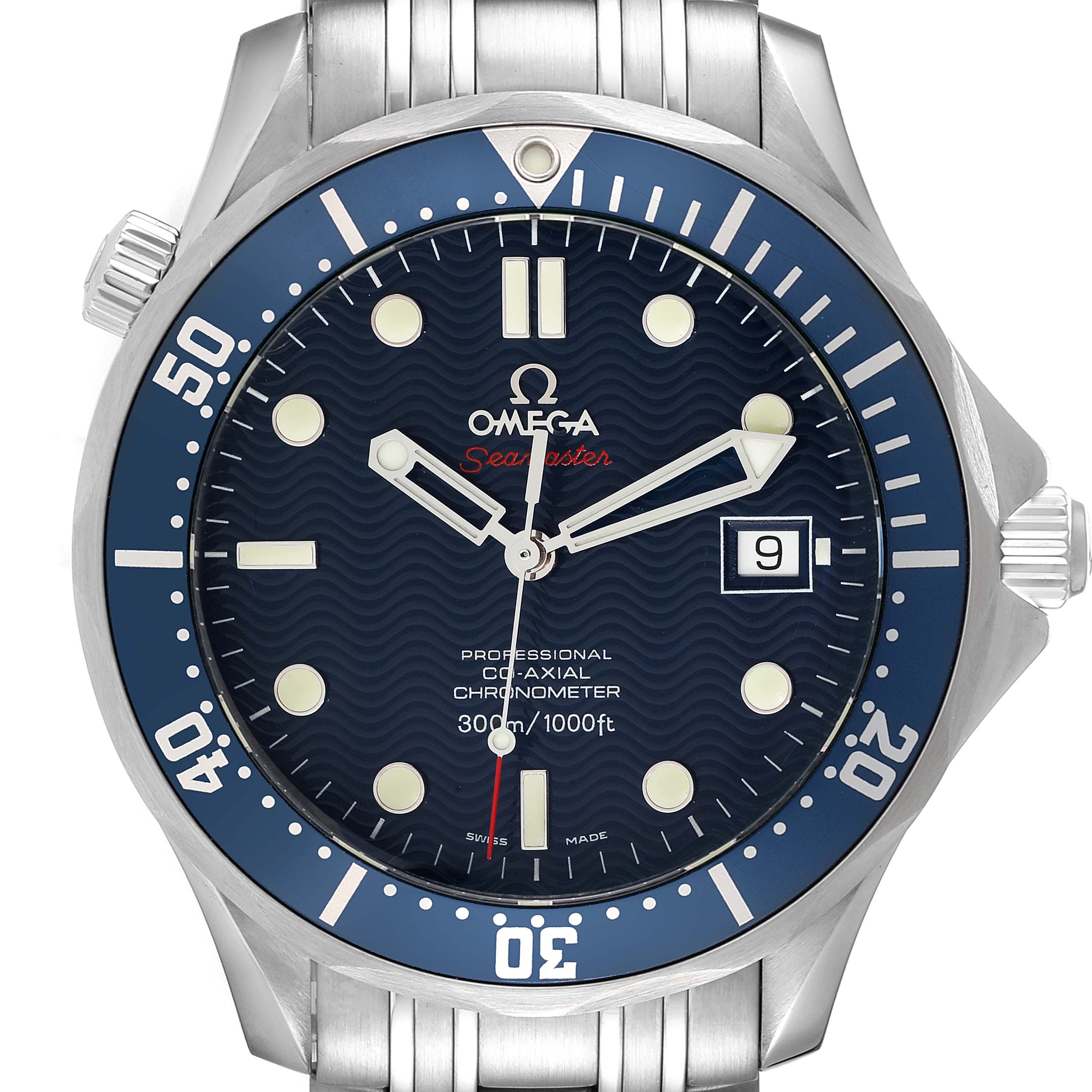 The image shows a front view of the Omega Seamaster 2220.80.00 Men's Stainless Steel Blue Dial 2220.80.00 Men's Stainless Steel Blue Dial watch, highlighting its dial, bezel, hands, date window, and part of the stainless steel bracelet.