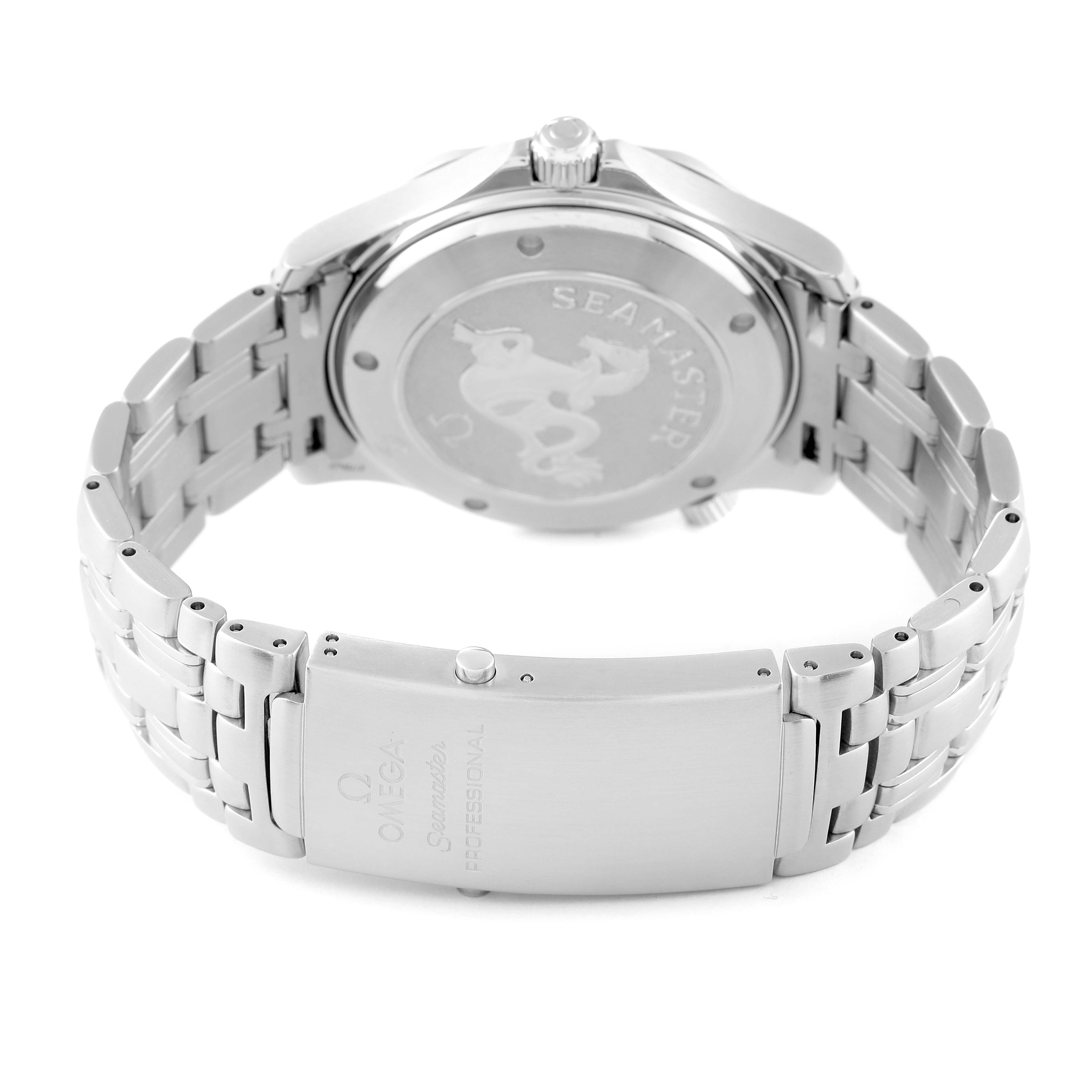 The image shows the rear view of an Omega Seamaster 2220.80.00 Men's Stainless Steel Blue Dial 2220.80.00 Men's Stainless Steel Blue Dial watch, focusing on the case back and bracelet clasp.