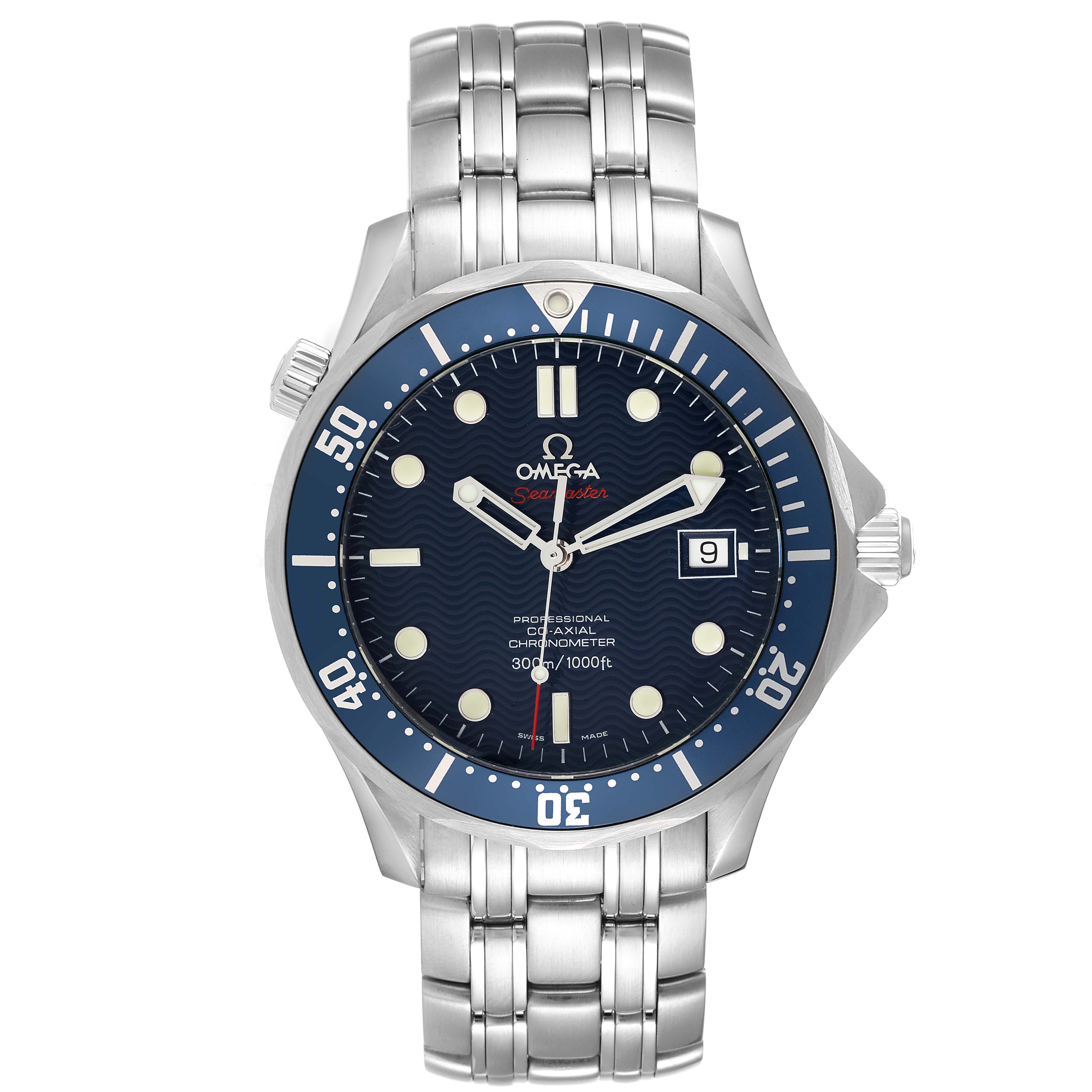 The image shows a front view of the Omega Seamaster 2220.80.00 Men's Stainless Steel Blue Dial 2220.80.00 Men's Stainless Steel Blue Dial watch, highlighting its blue dial, bezel, and stainless steel bracelet.