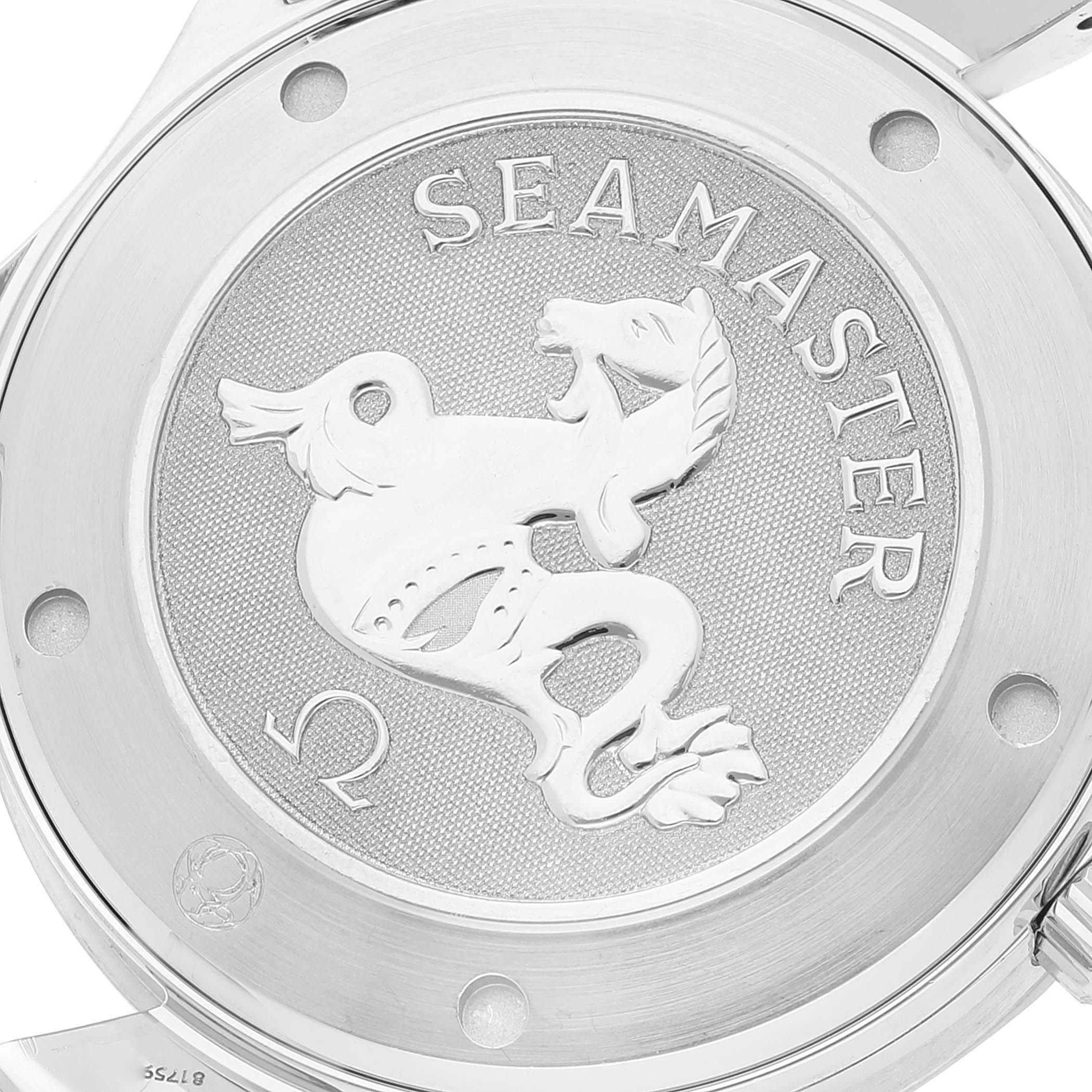 The image shows the engraved case back of an Omega Seamaster 2220.80.00 Men's Stainless Steel Blue Dial 2220.80.00 Men's Stainless Steel Blue Dial watch with its distinctive logo.