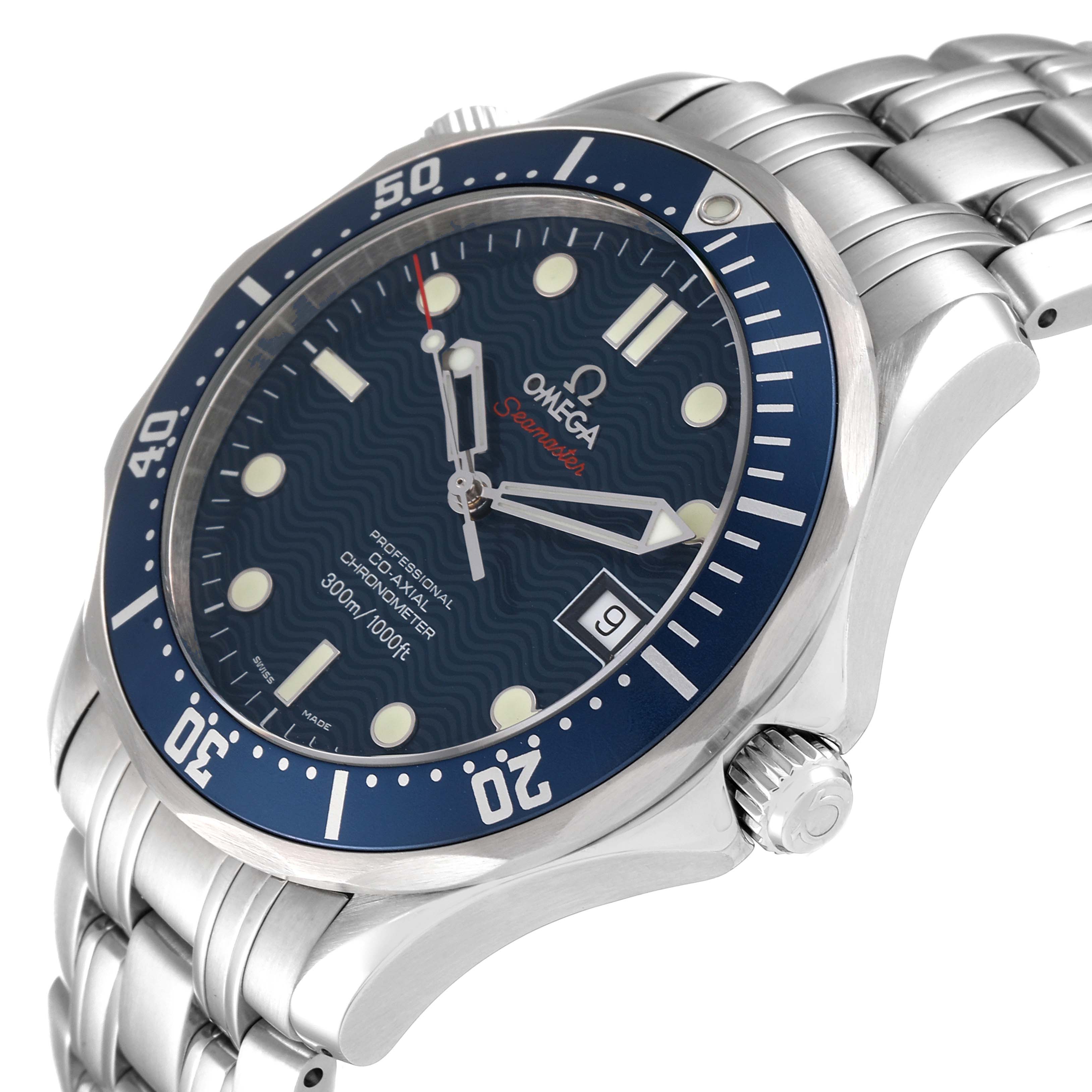 The image shows a side view of the Omega Seamaster 2220.80.00 Men's Stainless Steel Blue Dial 2220.80.00 Men's Stainless Steel Blue Dial watch focusing on the face, bezel, and bracelet.