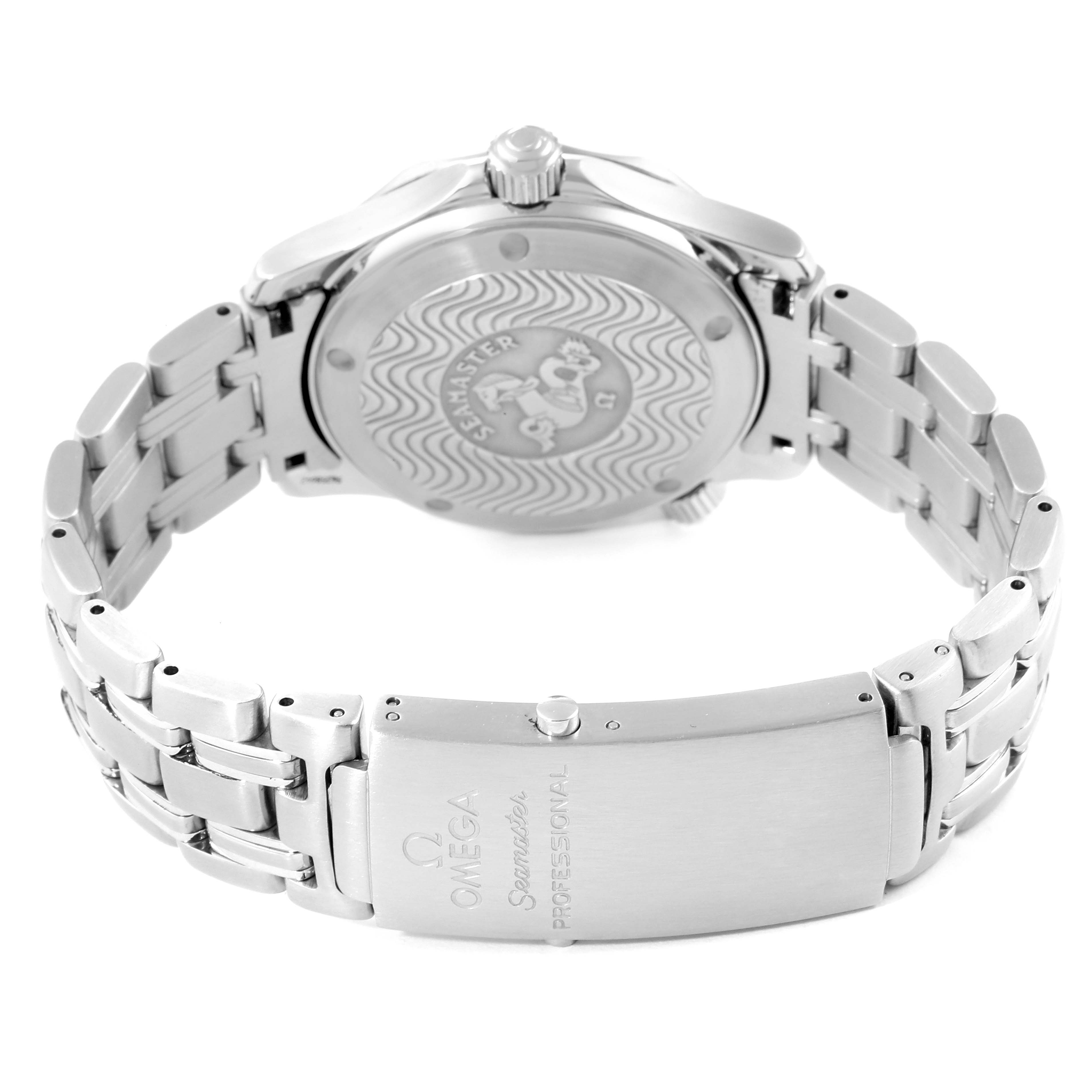 The image shows the back and bracelet clasp of an Omega Seamaster 2561.80.00 Men's Stainless Steel Blue Dial 2561.80.00 Men's Stainless Steel Blue Dial watch, highlighting the engraved case back and metal band.