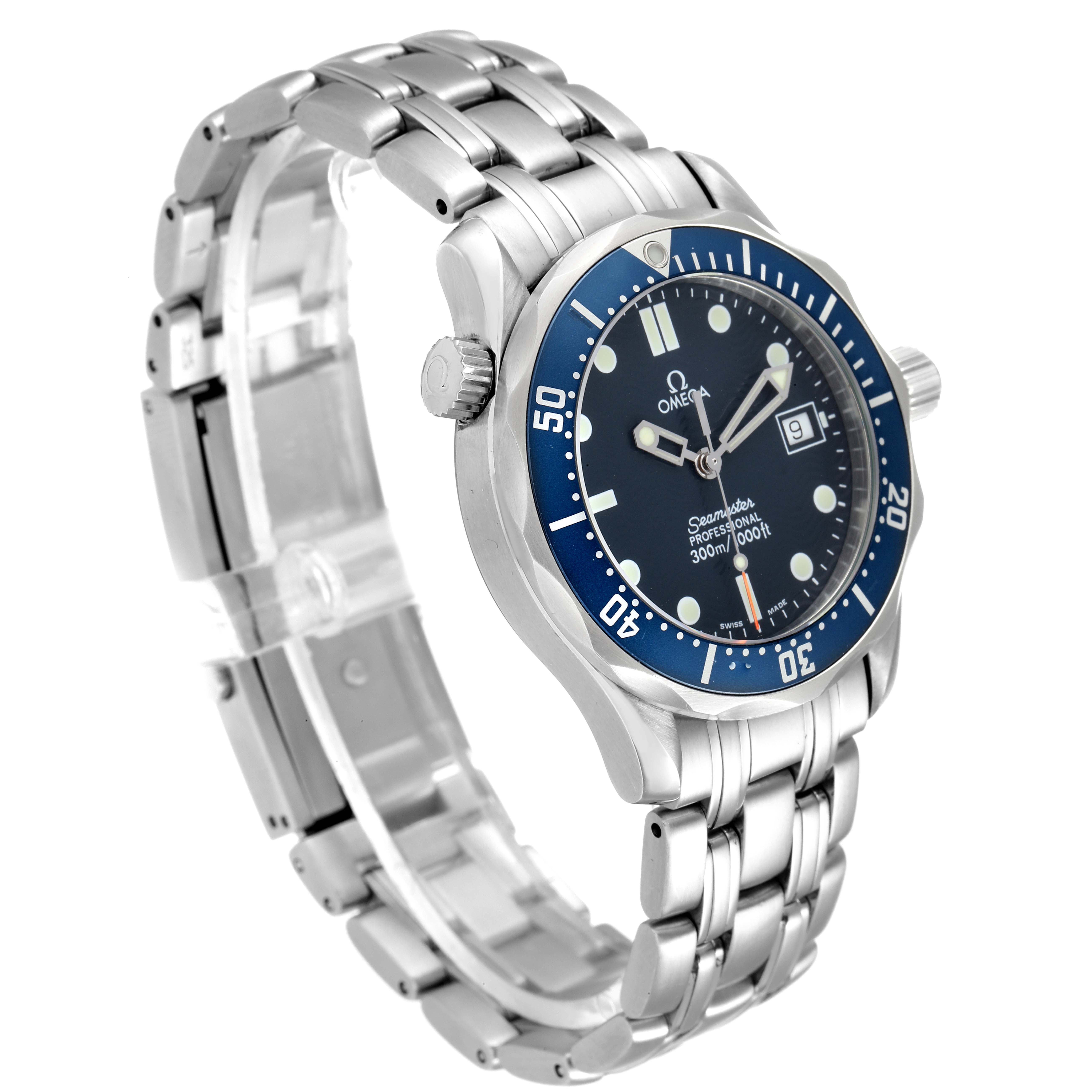 The image shows an Omega Seamaster 2561.80.00 Men's Stainless Steel Blue Dial 2561.80.00 Men's Stainless Steel Blue Dial watch angled to display its face, bezel, and metal bracelet.