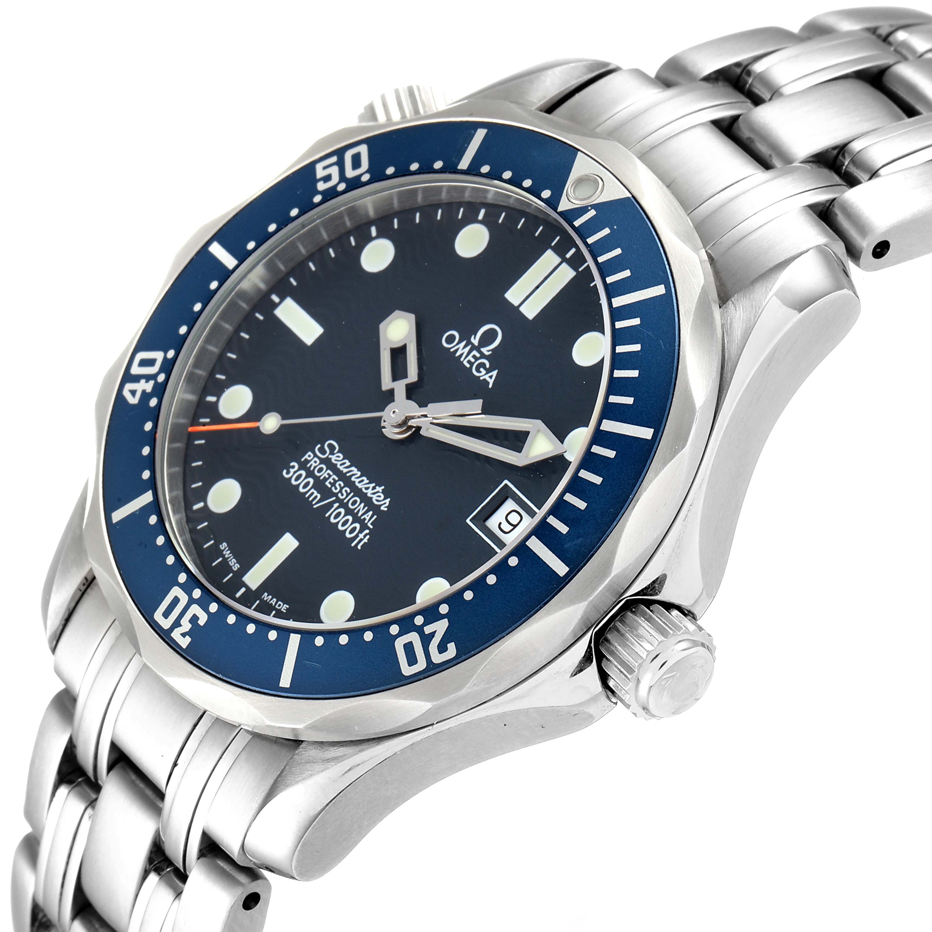 This image shows a three-quarter angle view of the Omega Seamaster 2561.80.00 Men's Stainless Steel Blue Dial 2561.80.00 Men's Stainless Steel Blue Dial watch, highlighting the bezel, dial, crown, and part of the bracelet.